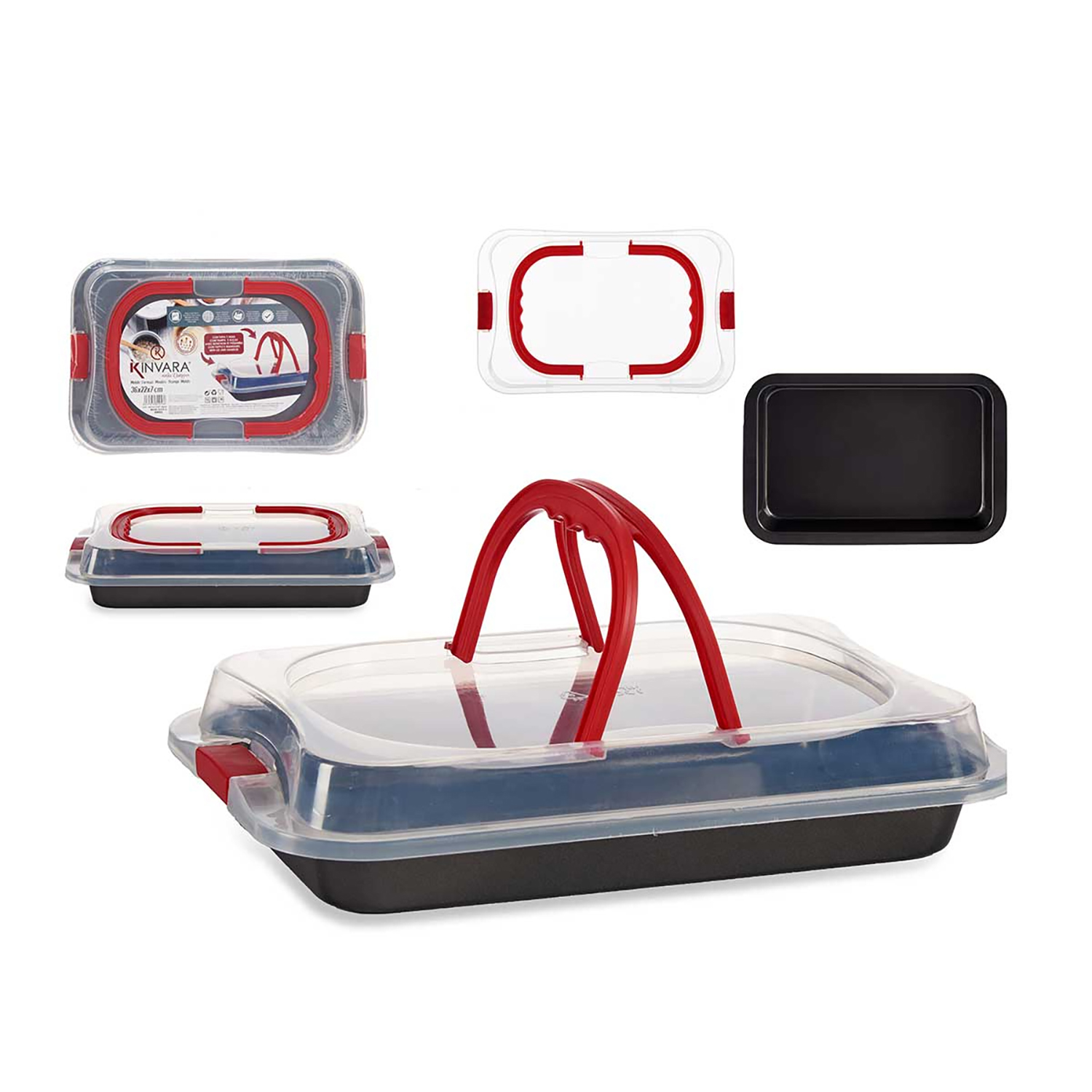 Varios recipientes de alimentos con asas y tapas rojas. Un recipiente es transparente con asas rojas. Fondo blanco.