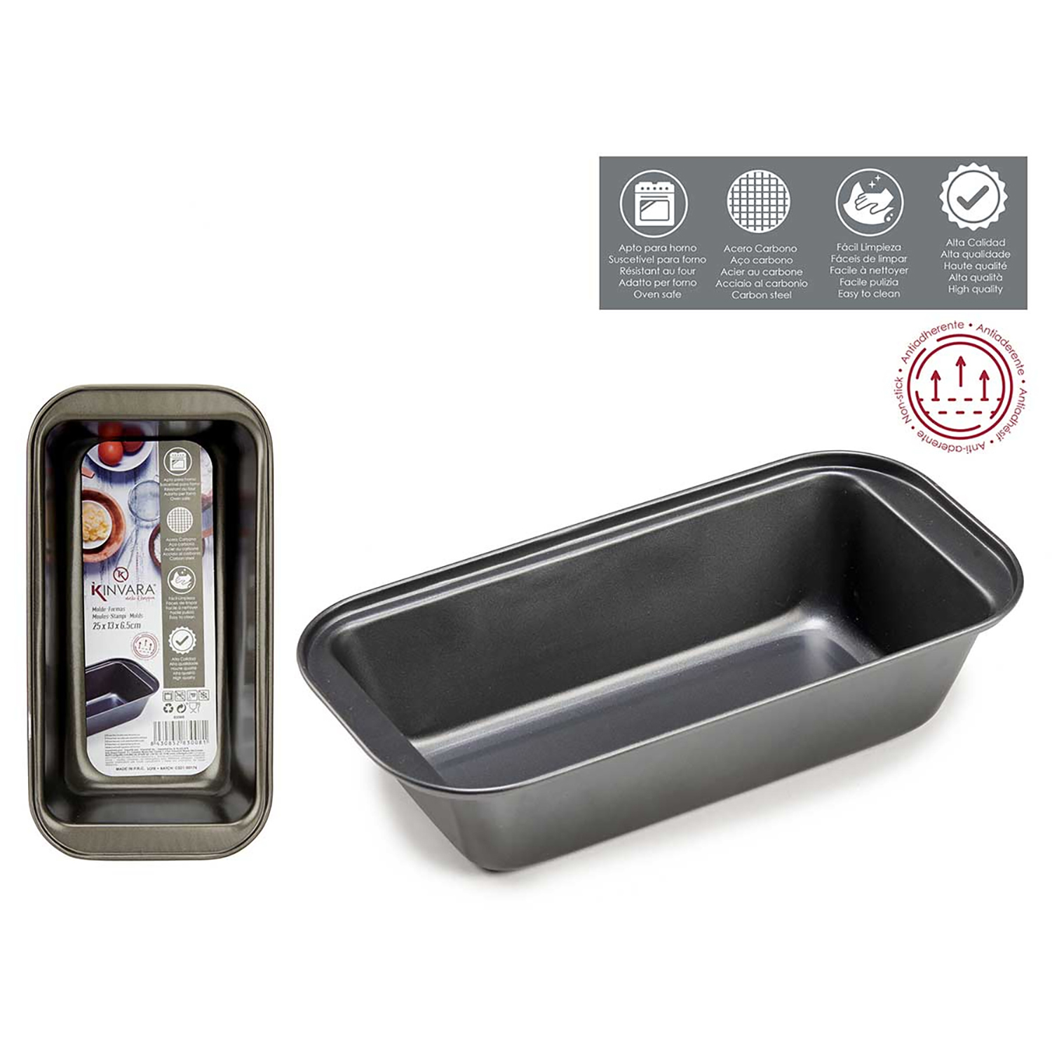 Una bandeja para pan negra con embalaje del producto e iconos sobre fondo blanco.