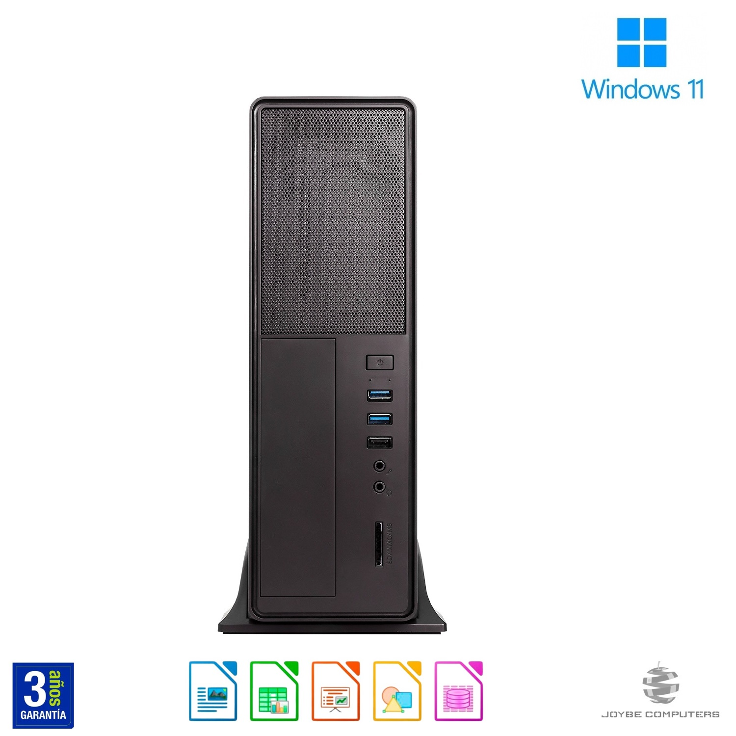 Torre de computadora negra con puertos. Logotipo de Windows 11 arriba a la derecha.