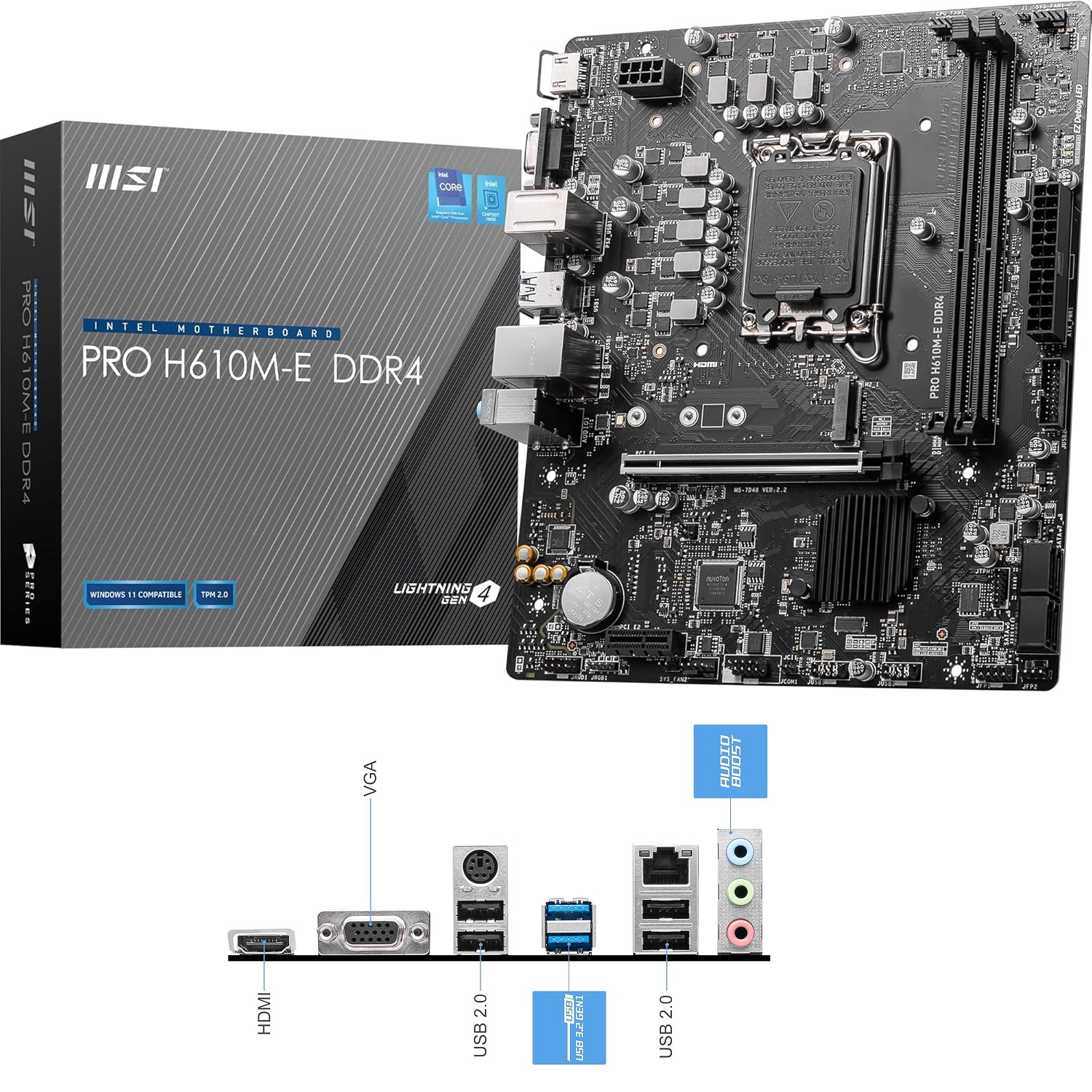 Placa base con caja y puertos etiquetados. Texto en la caja: PRO H610M-E DDR4.