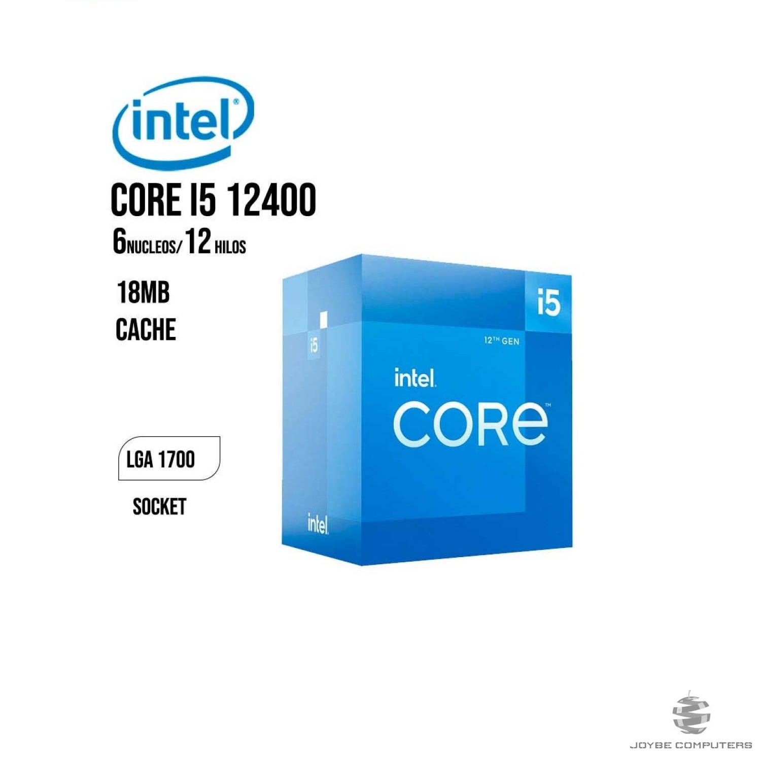 Caja azul con texto 'Intel Core i5'. El texto incluye '12400', '6 núcleos', '12 hilos' y '18MB Cache'.
