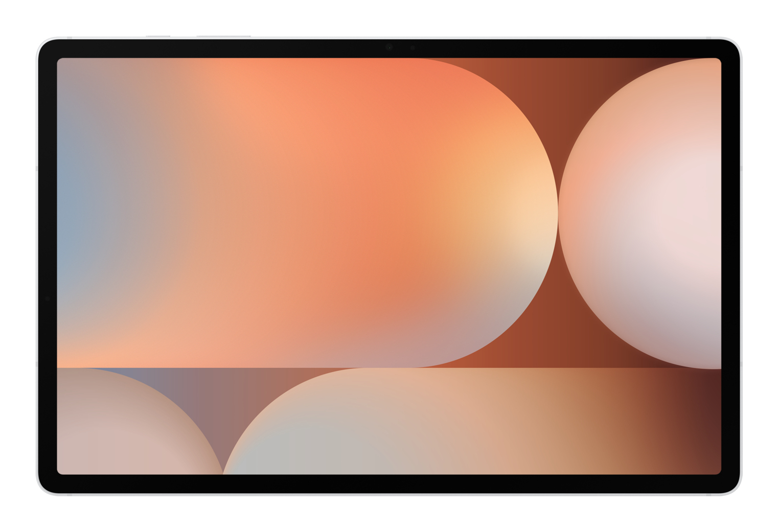 Tablet z ekranem wyświetlającym abstrakcyjny wzór. Jest biały z czarną ramką i zaokrąglonymi rogami.