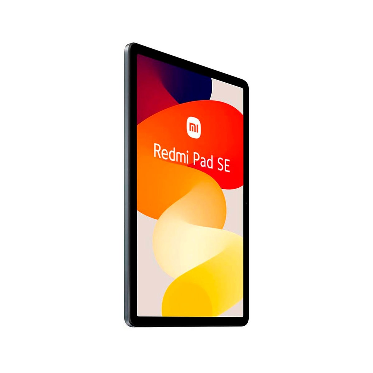Tablet Redmi Pad SE, in posizione verticale. Design arancione e giallo sullo schermo. Sfondo bianco.