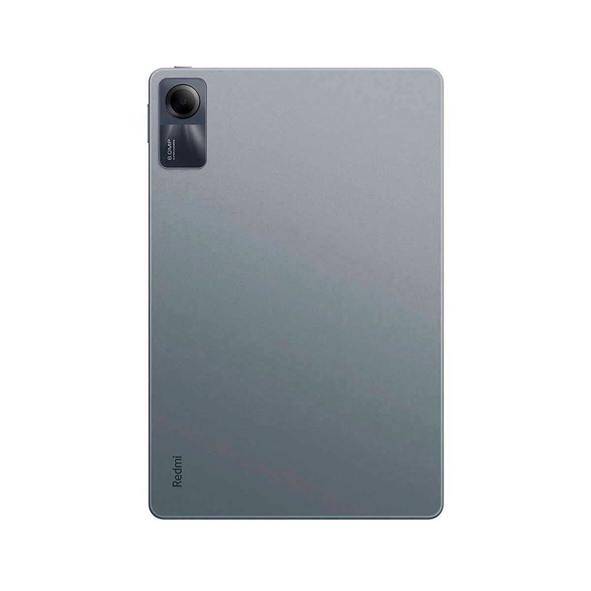 Un tablet grigio con fotocamera sul retro, su una superficie bianca. Il logo Redmi è visibile.