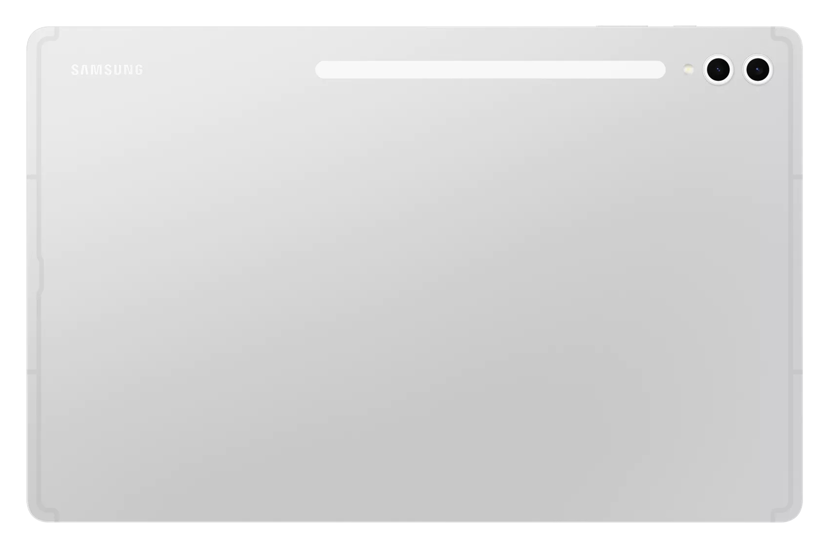 Widok z tyłu białego tabletu Samsung z aparatem i logo na białym tle.