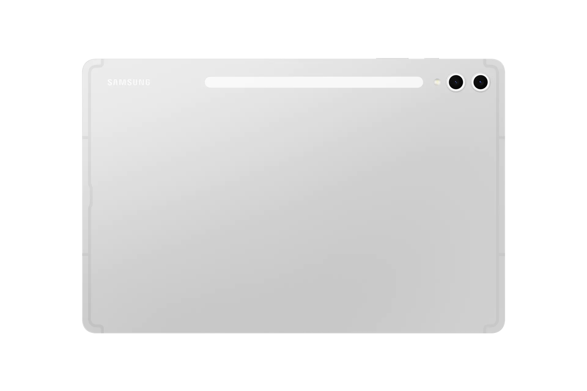 Retro del tablet bianco su bianco. Logo Samsung e fotocamera visibili.