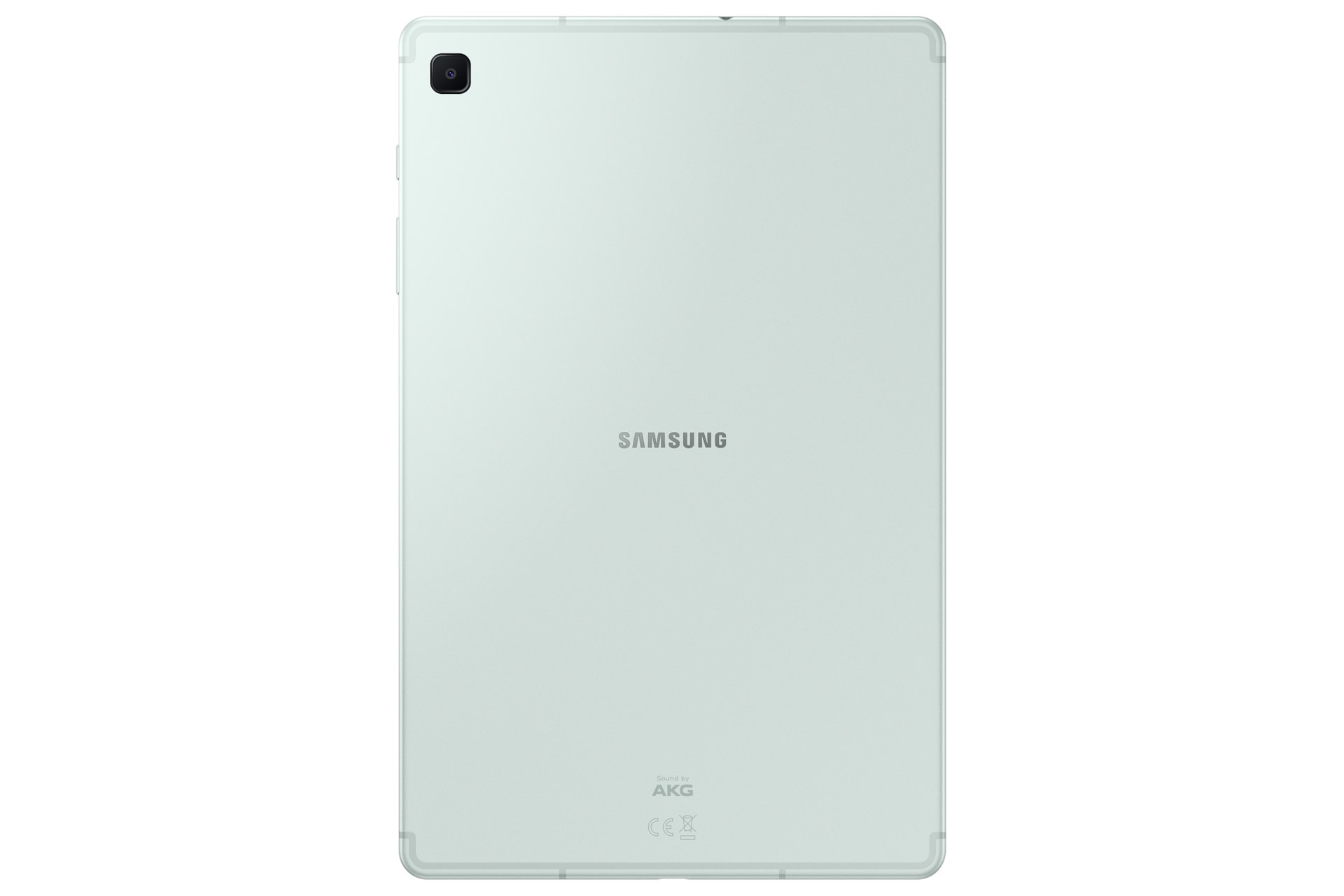 Parte trasera de una tableta verde con el logotipo de Samsung, cámara y marca AKG.