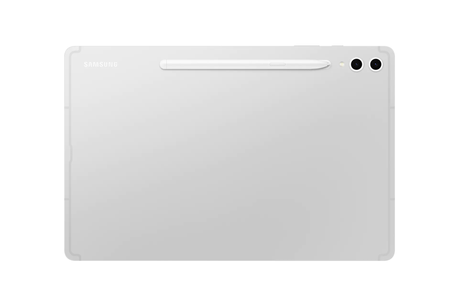 Tablet bianco con stilo, due fotocamere posteriori e logo Samsung su sfondo bianco.