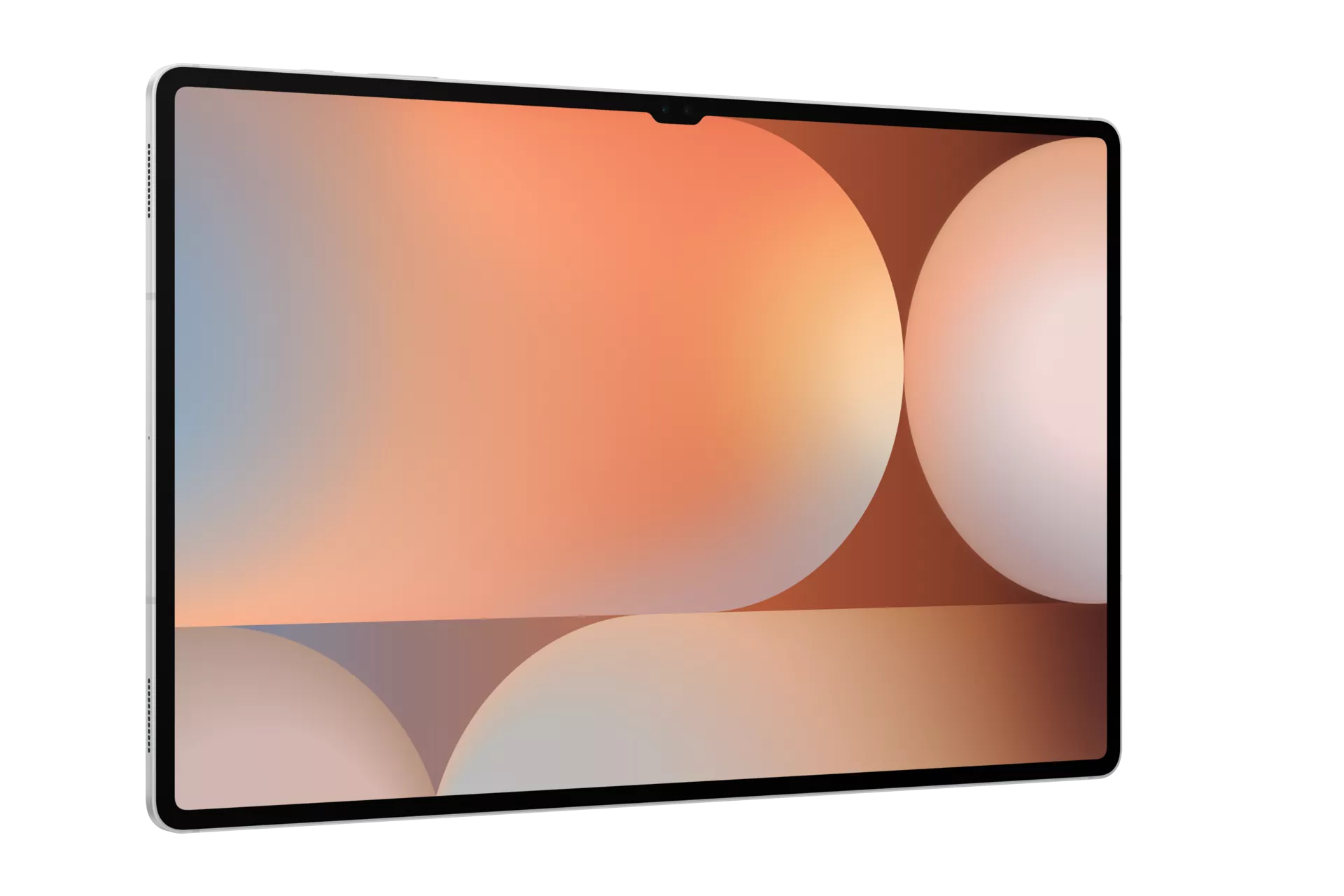 Tablet wyświetlający kolorowy gradient z dużymi okręgami, na białym tle.