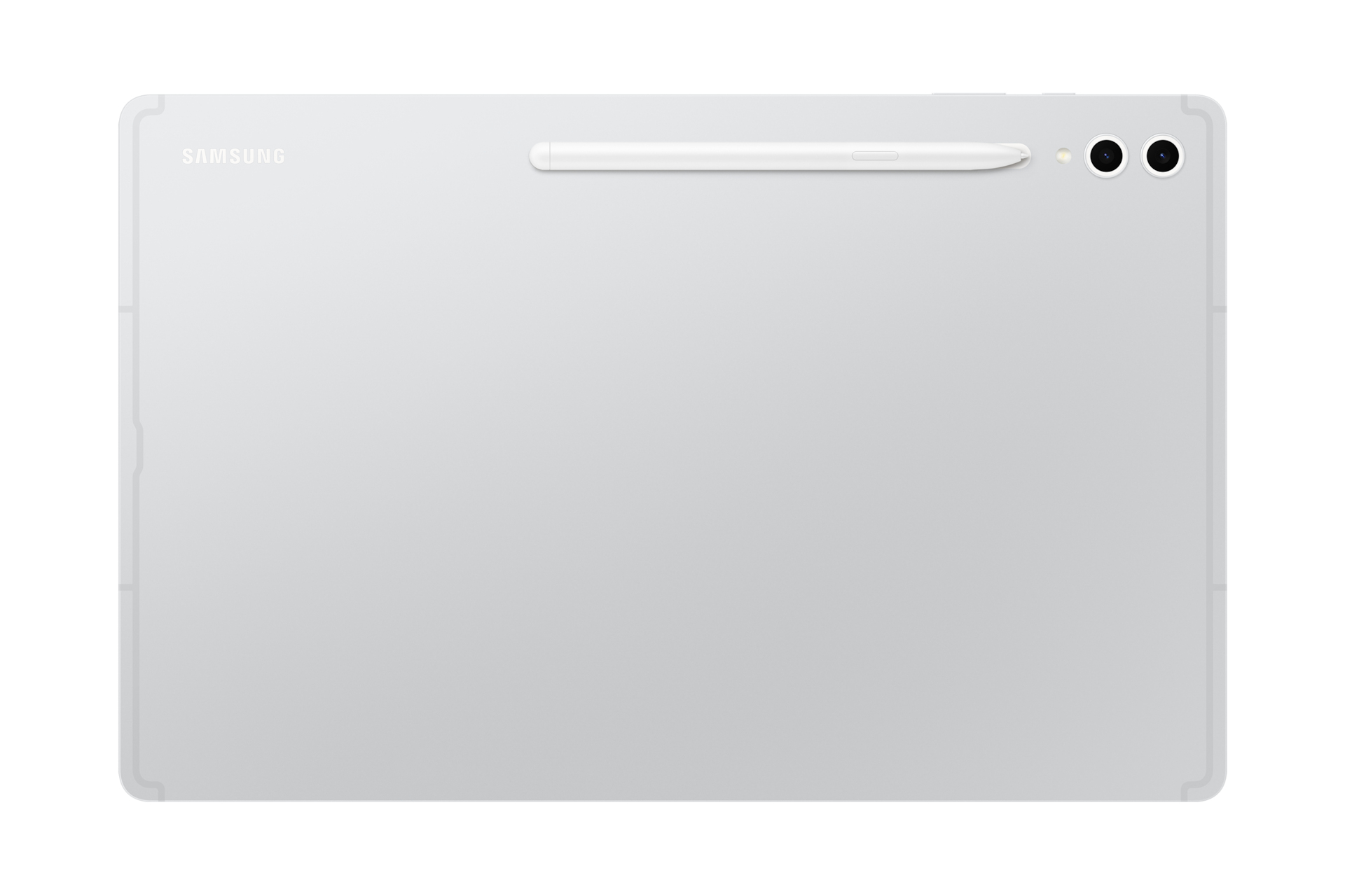 Vista posteriore del tablet. Bianco, con pennino e due fotocamere. Sfondo bianco.