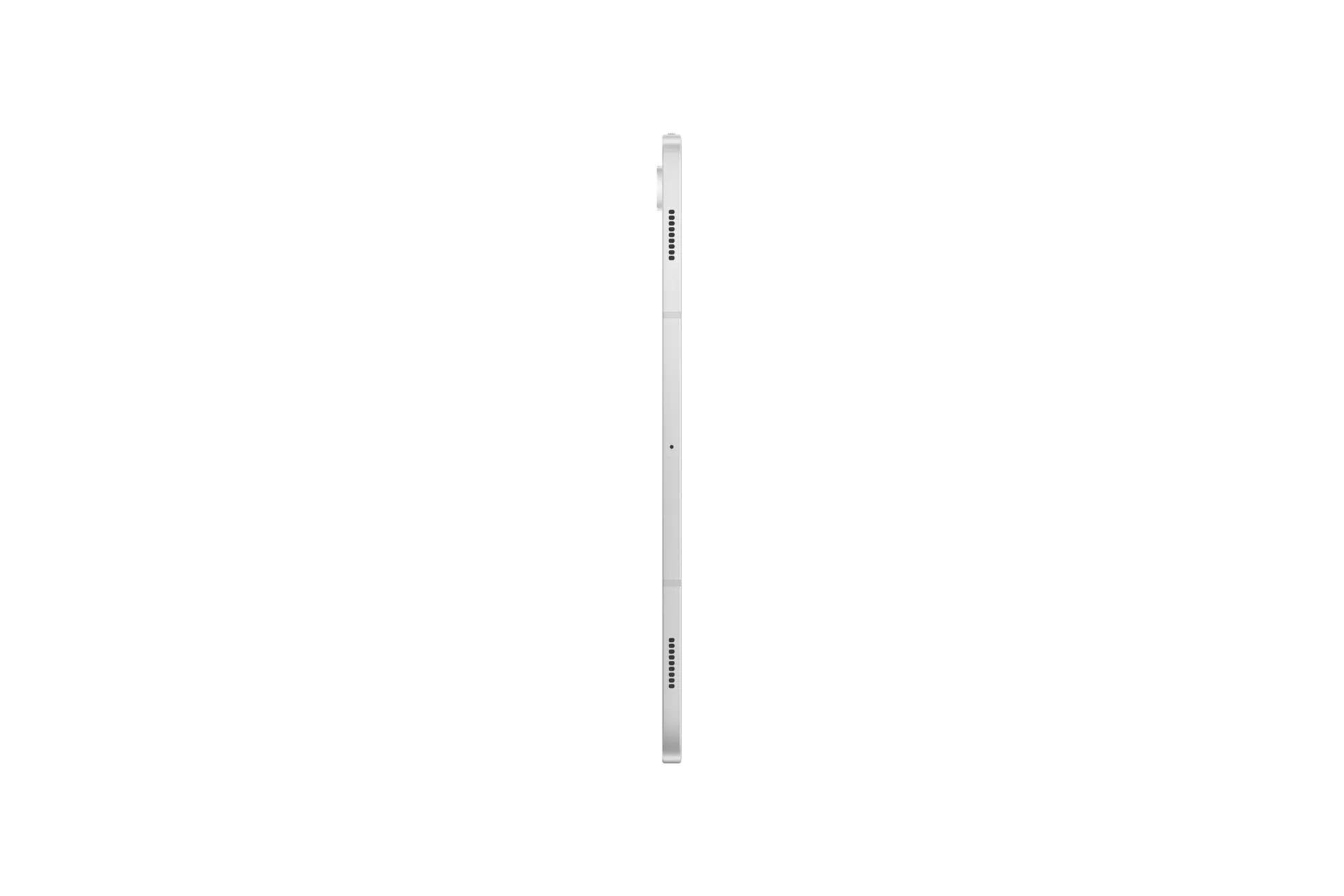 Un tablet, cornice argentata, vista laterale. Verticale. Sfondo bianco.