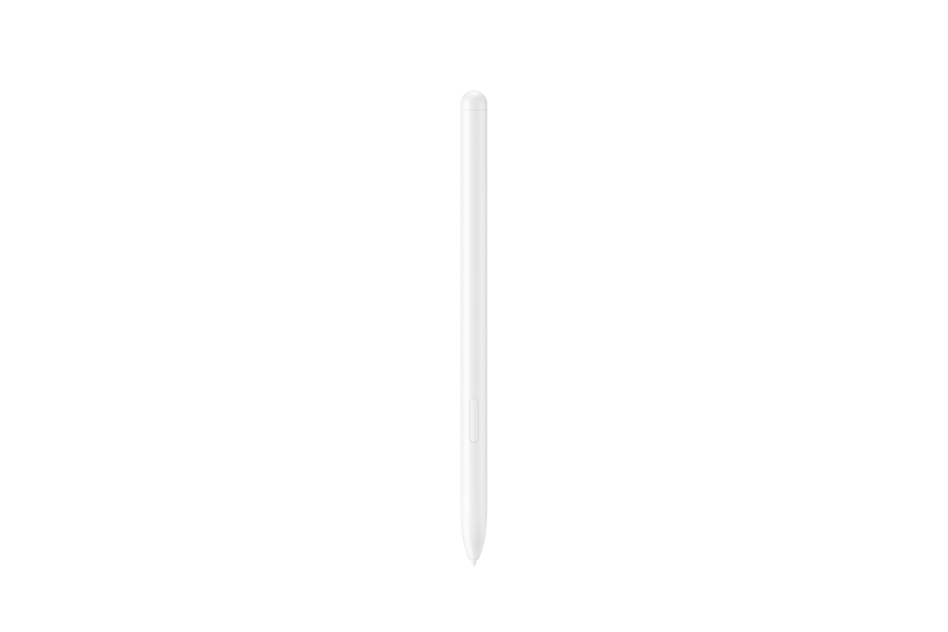 Una penna stilo bianca verticale su sfondo bianco. C'è un pulsante sulla penna.