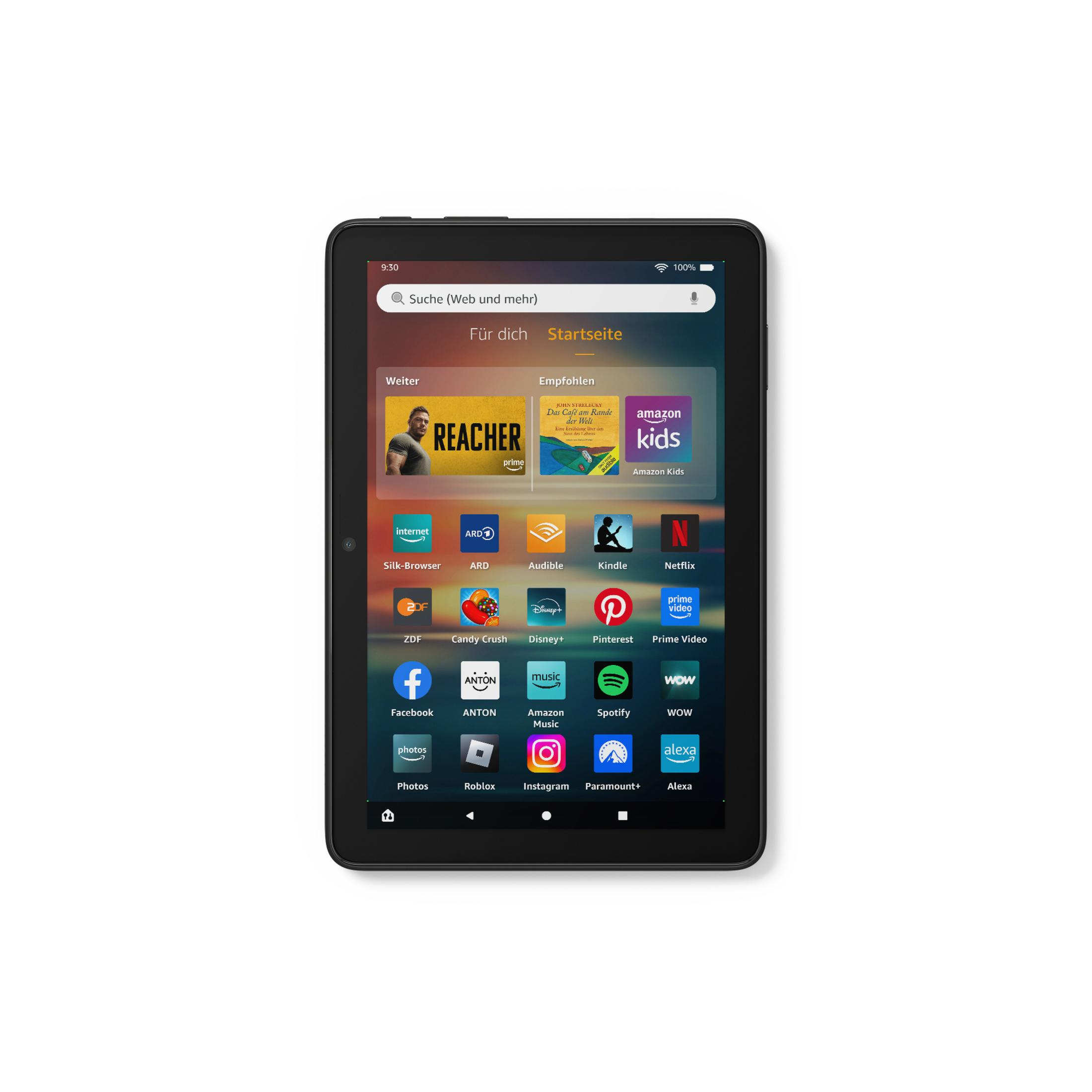 Ein schwarzes Tablet zeigt einen Homescreen mit App-Icons und Suchleiste vor weißem Hintergrund.