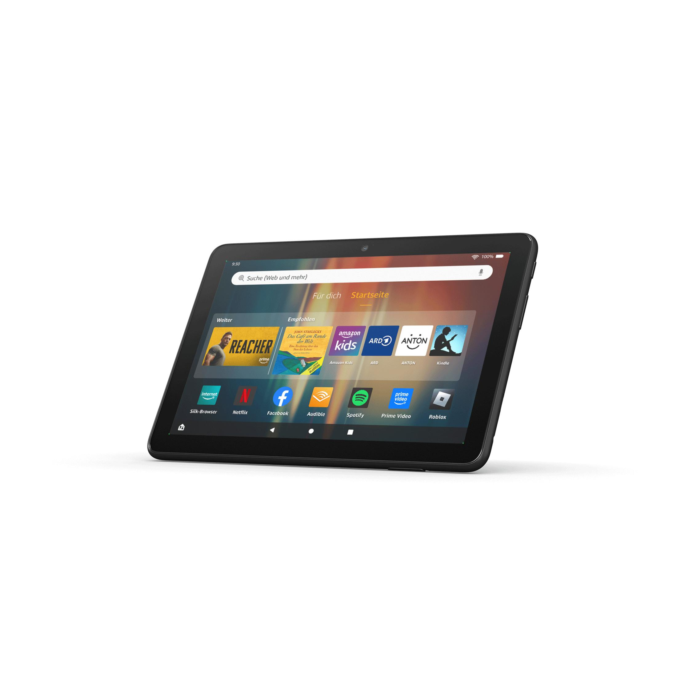 Schwarzes Tablet mit Display, das einen Startbildschirm mit App-Symbolen und Text zeigt.