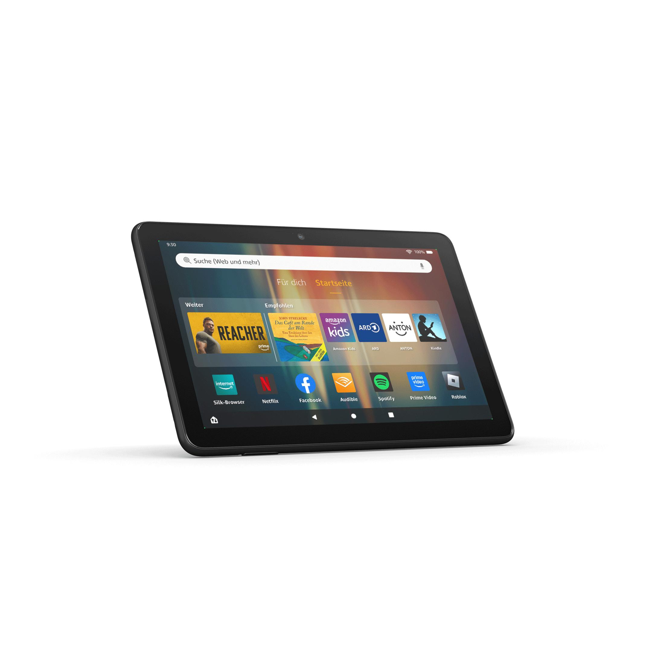 Schwarzes Tablet mit Apps auf dem Bildschirm, schräge Ansicht, isoliert auf Weiß.