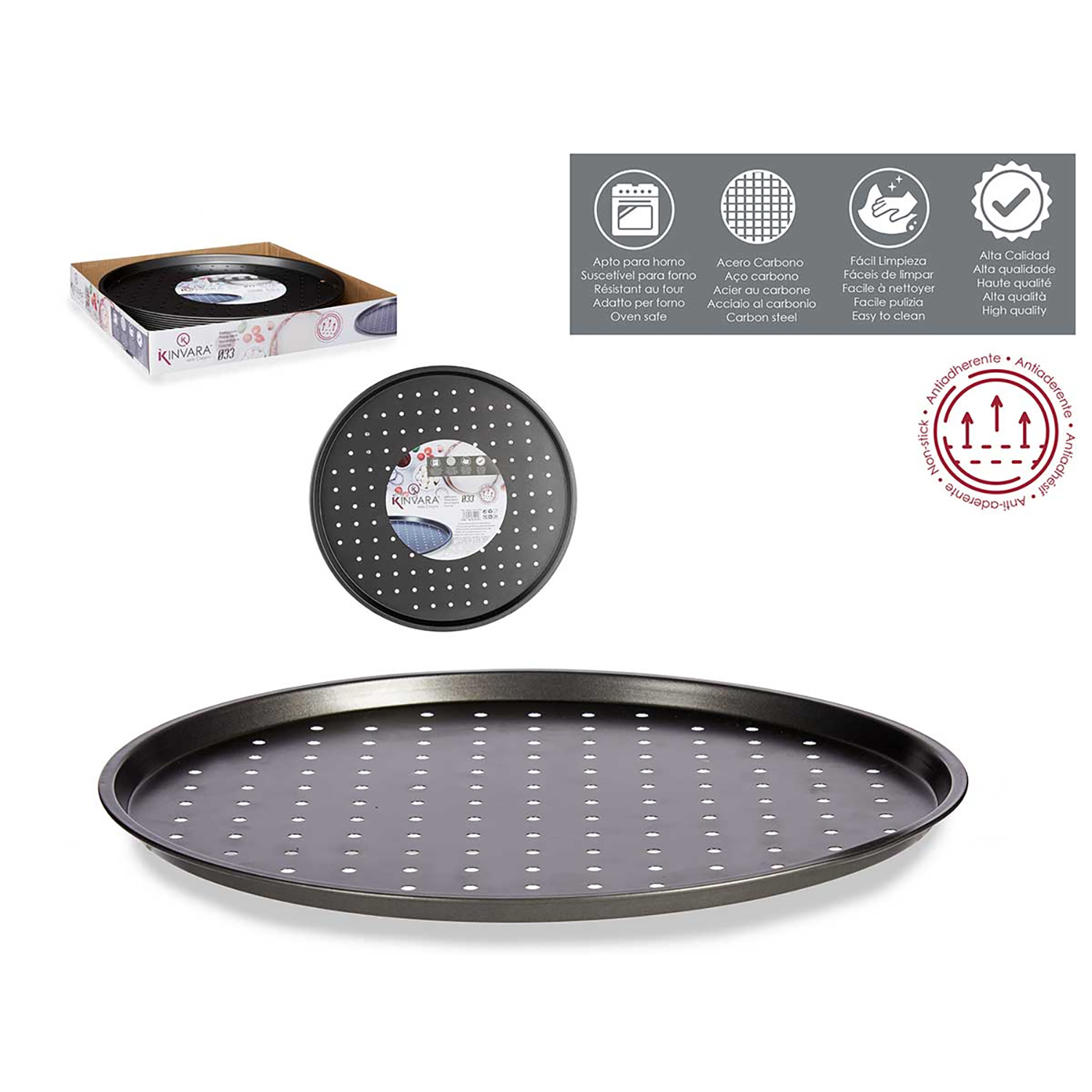 Bandeja para pizza con agujeros. La bandeja está en una caja con detalles sobre la idoneidad para el horno.