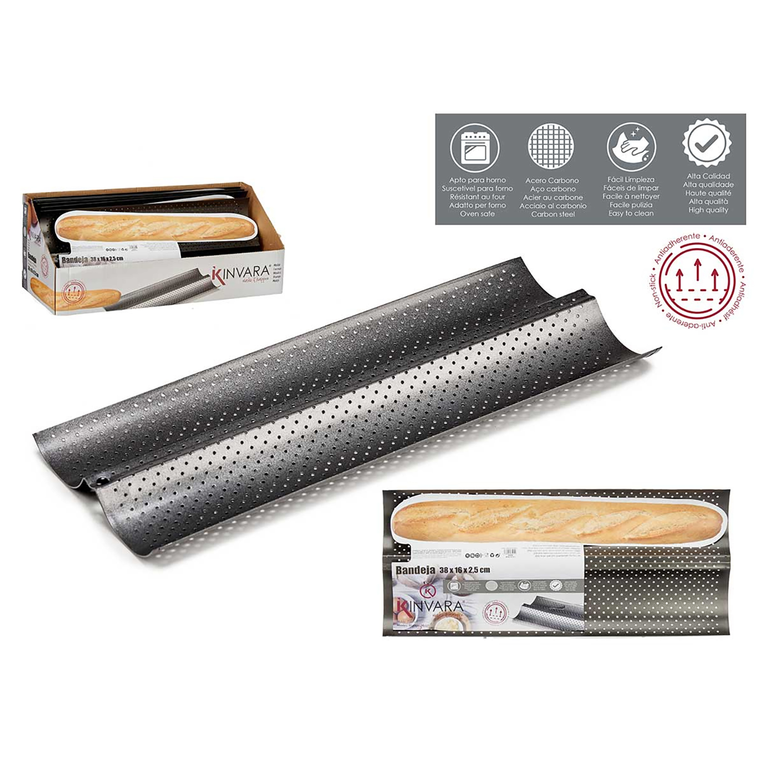 Teglia forata e baguette. Le scatole mostrano il pane. Testo in spagnolo.