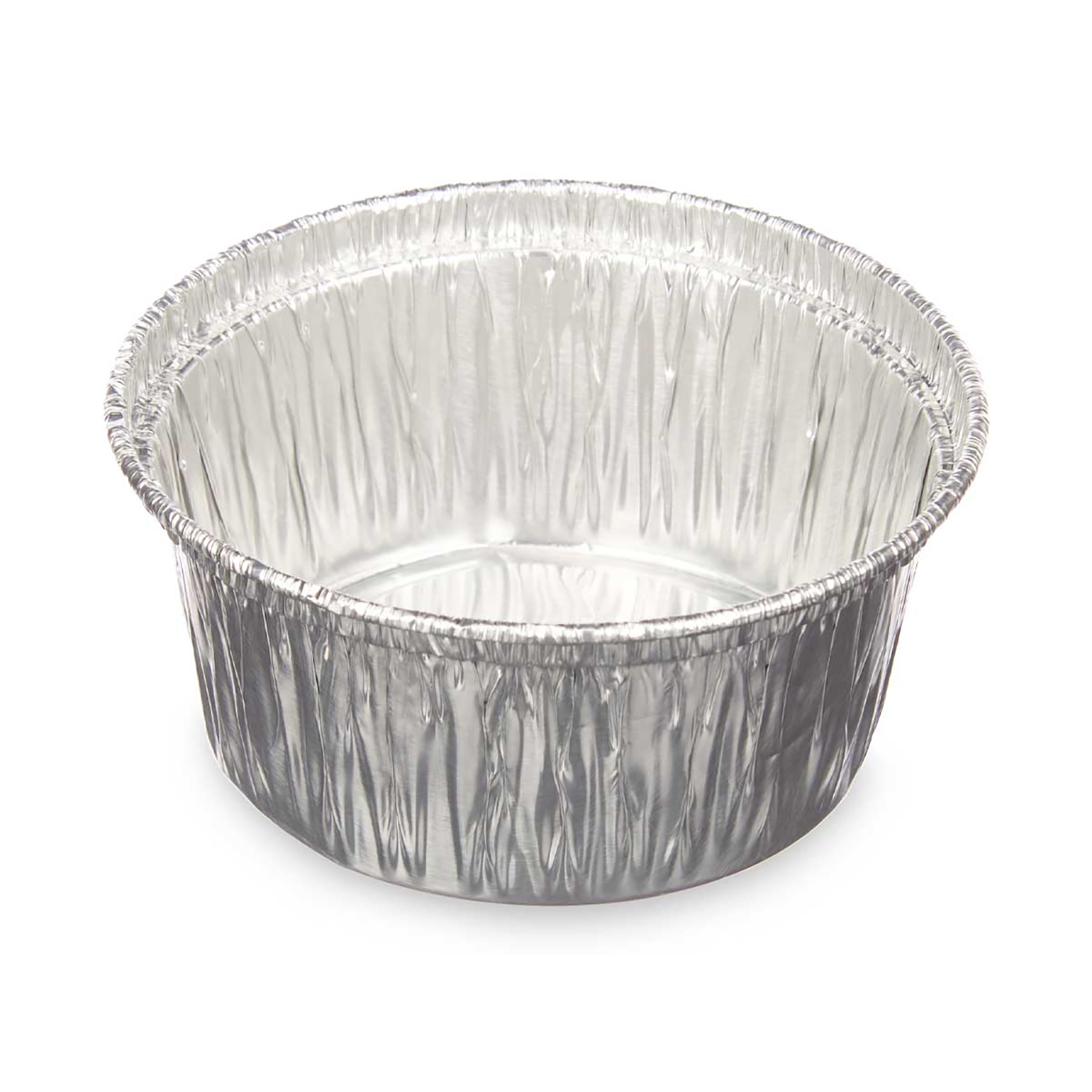 Cuenco de papel de aluminio, redondo y vacío, con superficie reflectante.