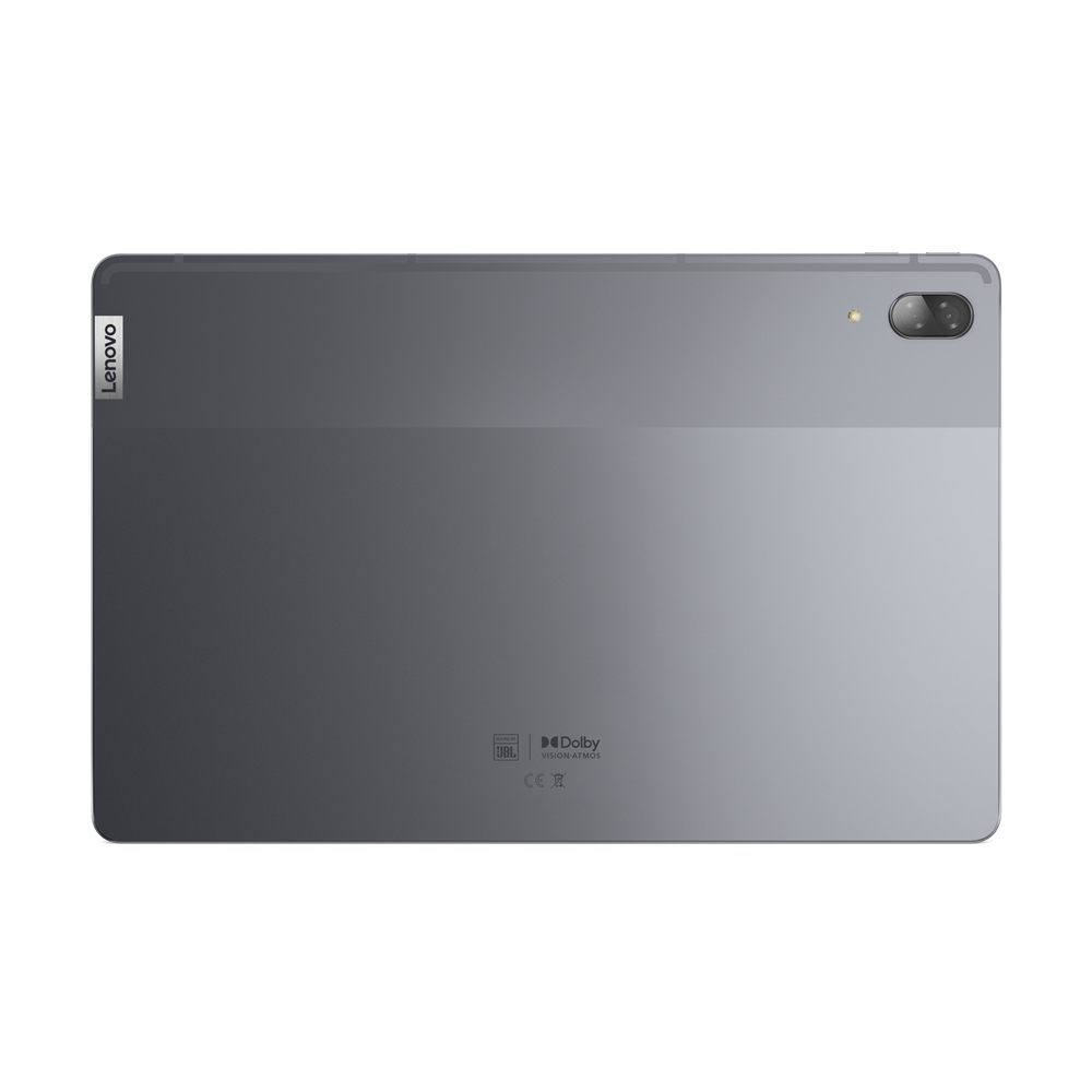 Graue Lenovo Tablet-Rückseite mit JBL- und Dolby-Logos und Kameraobjektiv. Weißer Hintergrund.
