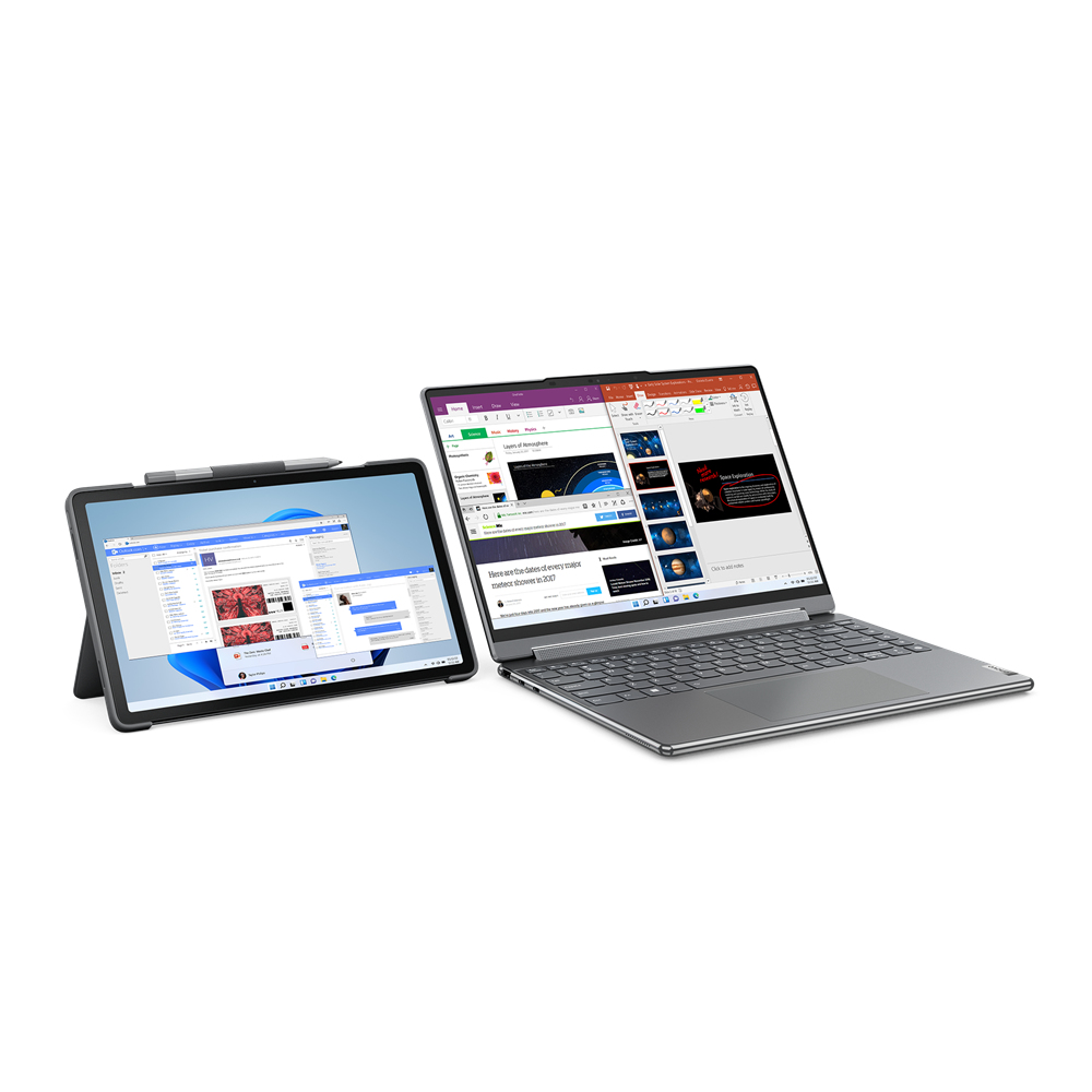 Dwa laptopy, jeden to tablet z klawiaturą. Oba pokazują interfejs pracy z dokumentami.