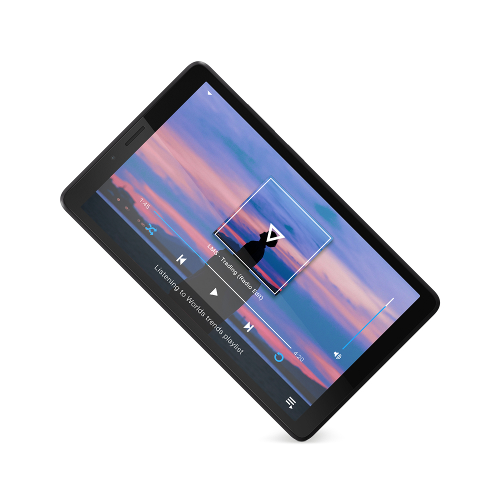 Tablet spielt Musik ab. Der Bildschirm zeigt eine Wiedergabeliste und Musiksteuerung.