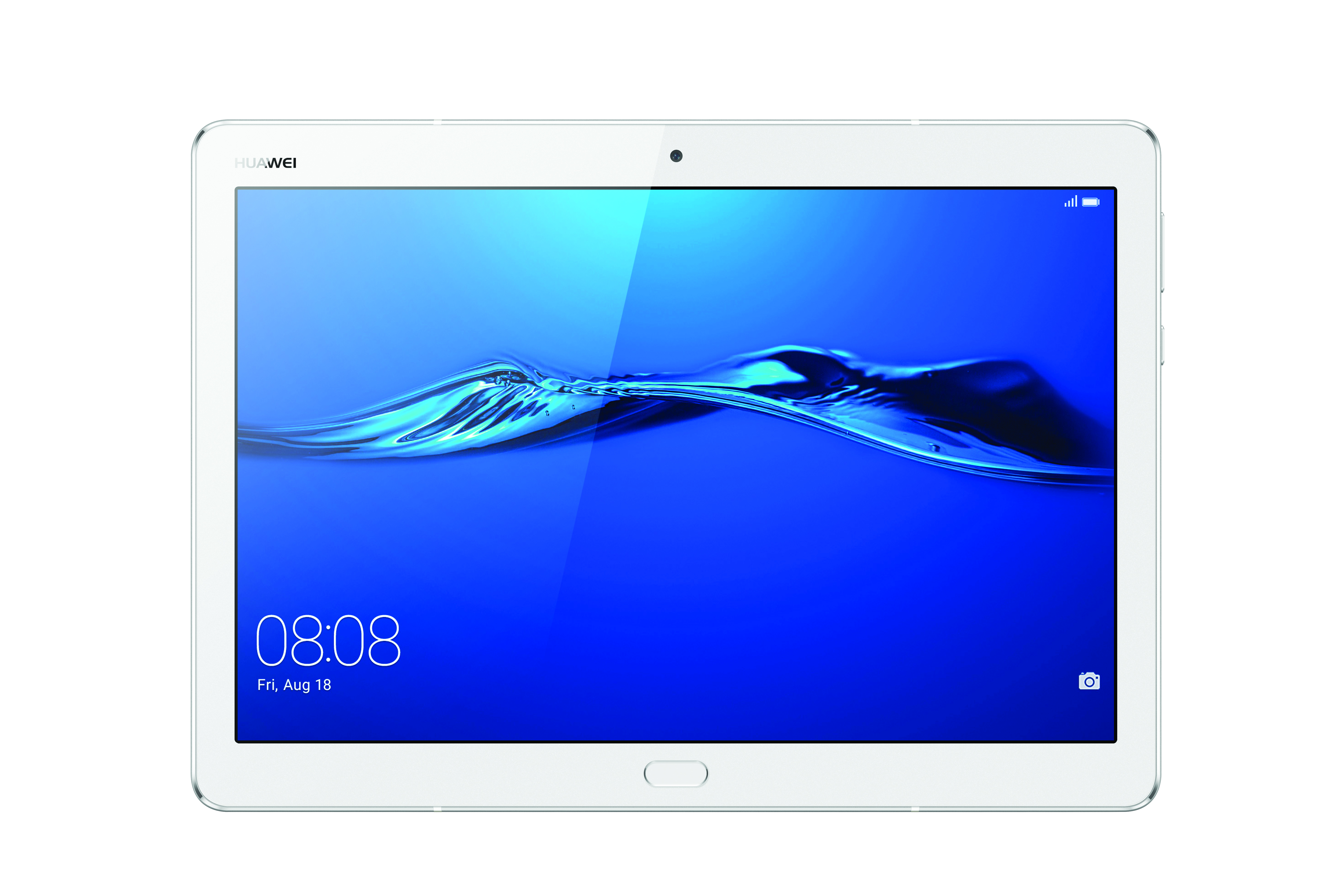 Weißes Huawei-Tablet mit blauem Bildschirm, der Wasserwellen, Zeit und Datum zeigt.
