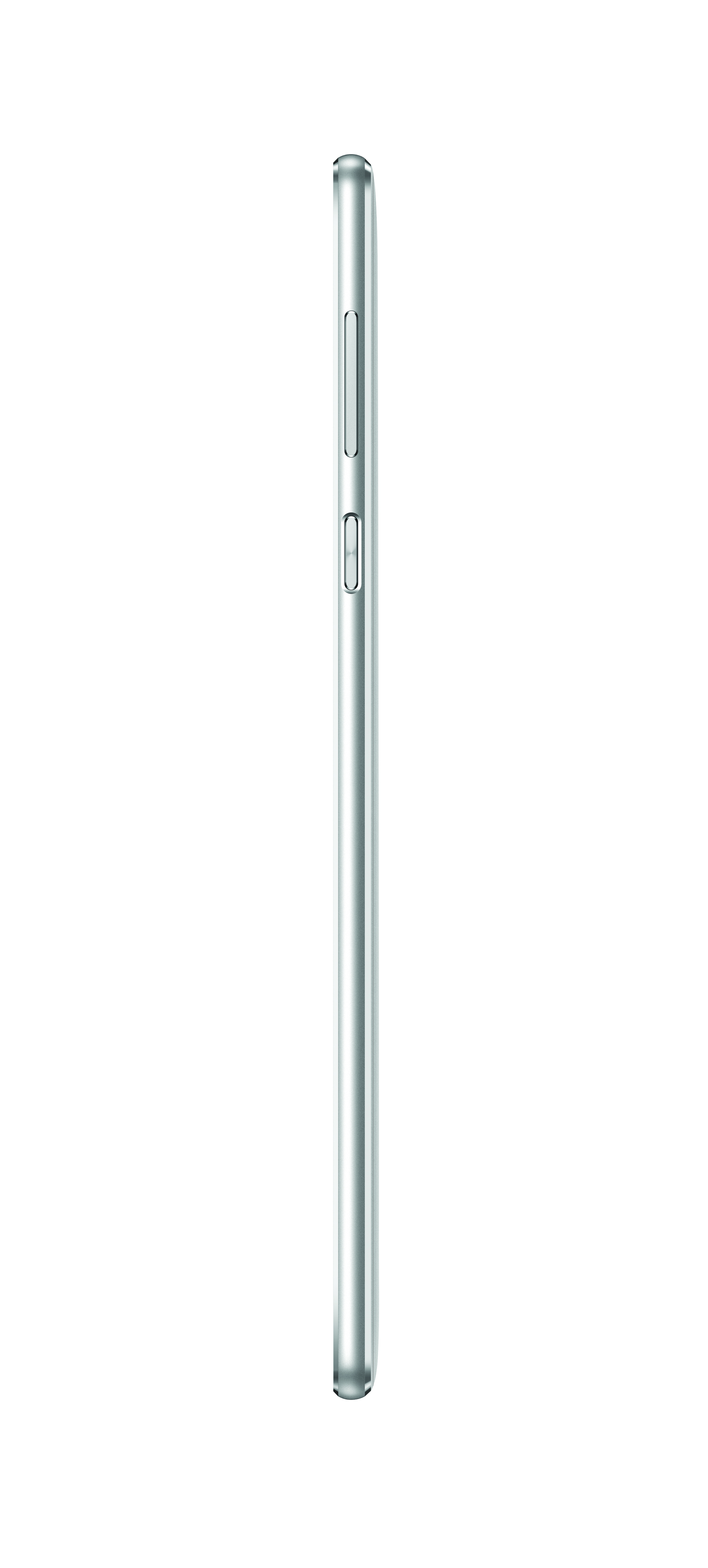 Silbernes Telefon Seitenansicht, mit Lautstärke- und Ein/Aus-Tasten, auf Weiß.