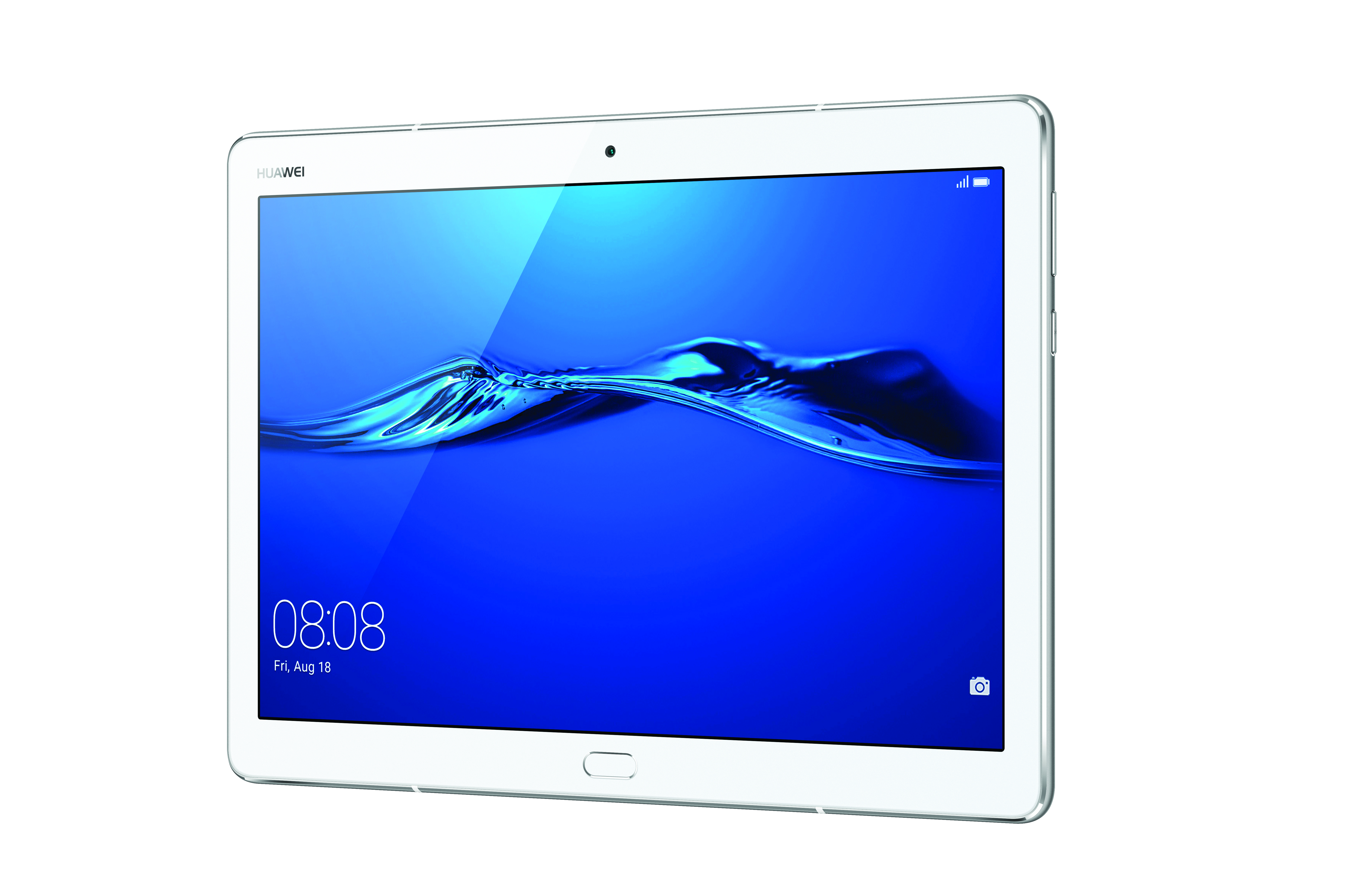 Ein weißes Huawei-Tablet mit blauem Bildschirm, der ein Wellenmuster und die Uhrzeit anzeigt.