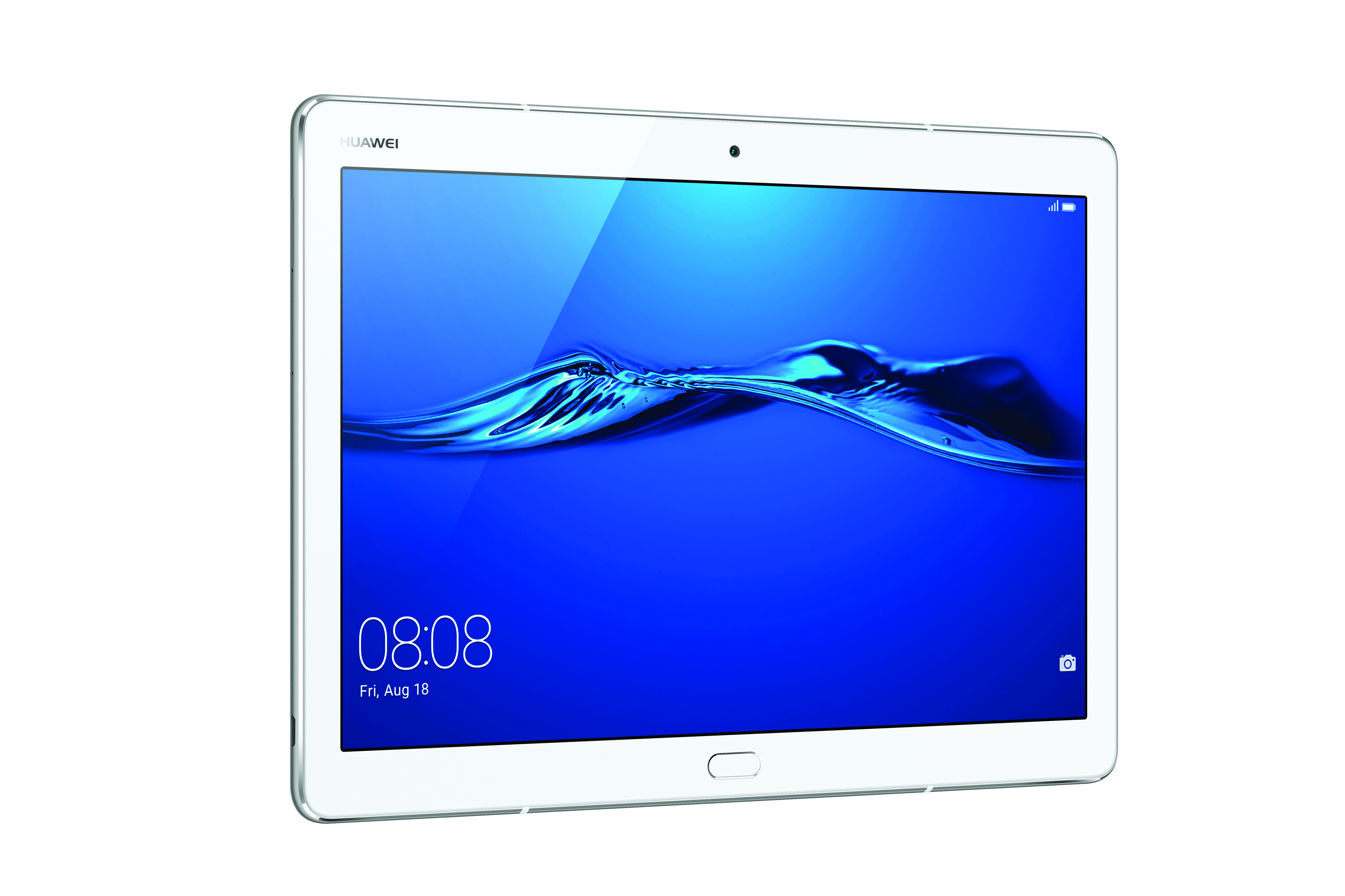 Weißes Huawei-Tablet mit blauem, wasserähnlichem Hintergrund. Die Uhrzeit wird angezeigt.