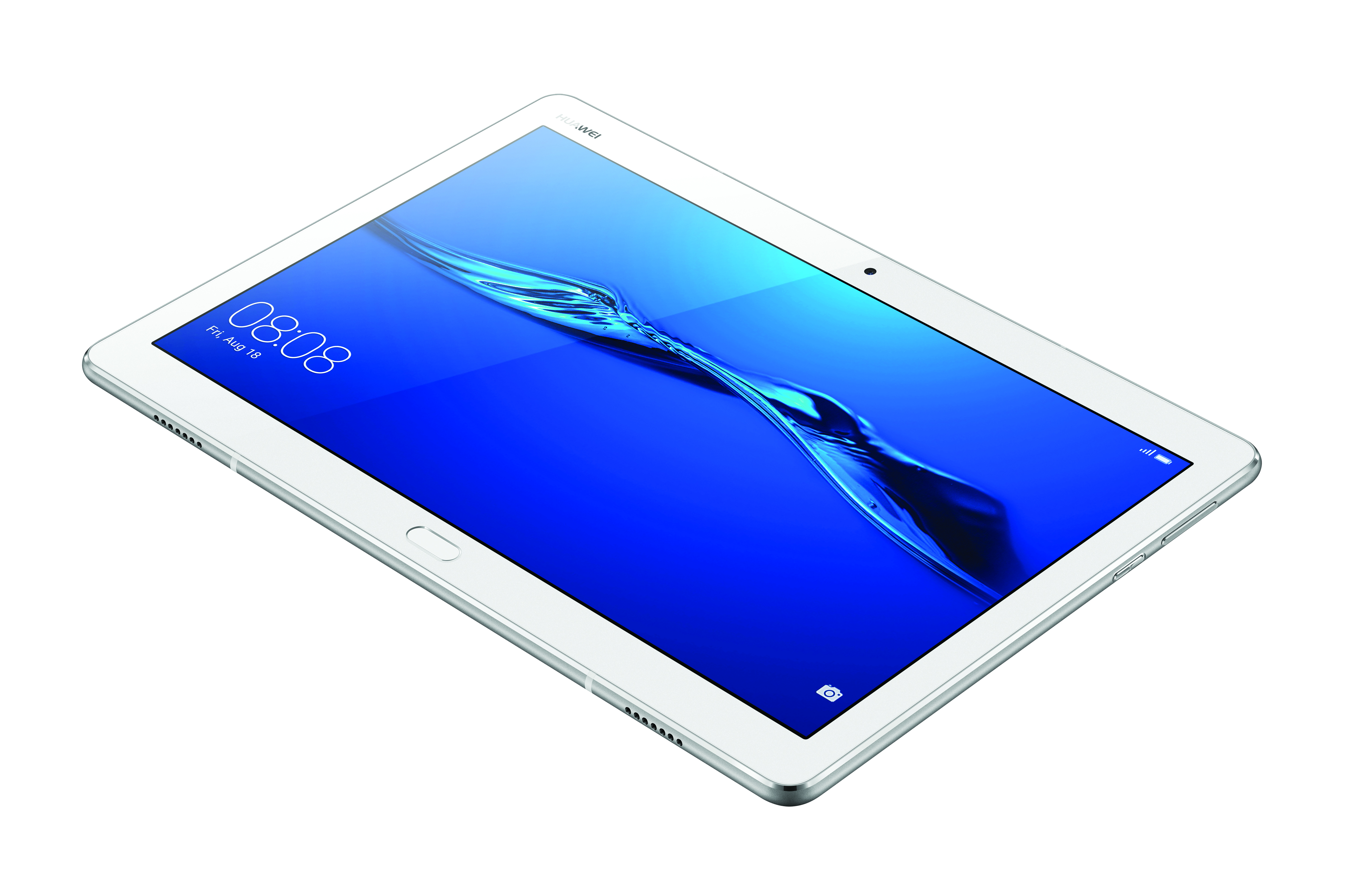 Silbernes Tablet zeigt blauen Bildschirm mit weißem Text und kleiner Kamera oben.