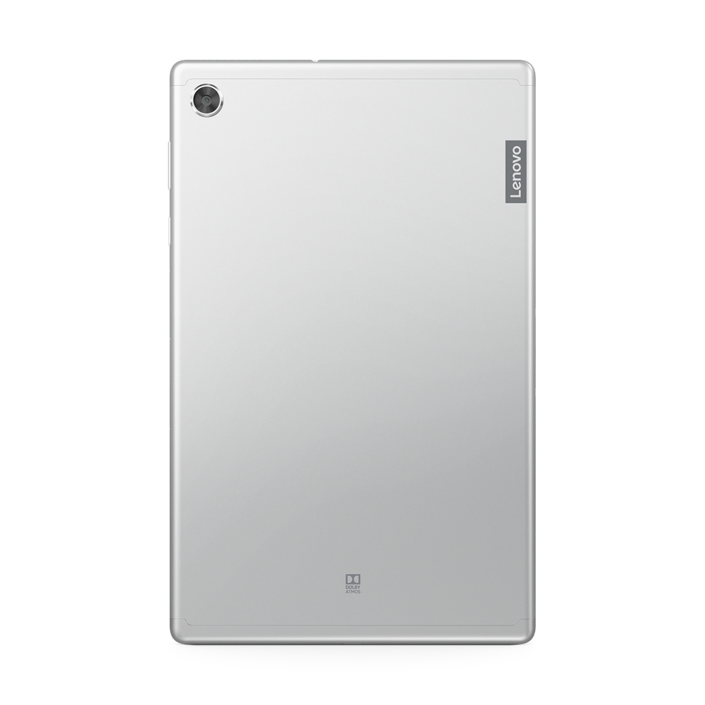 Rückseite eines silbernen Tablets mit Kamera und Lenovo-Logo.