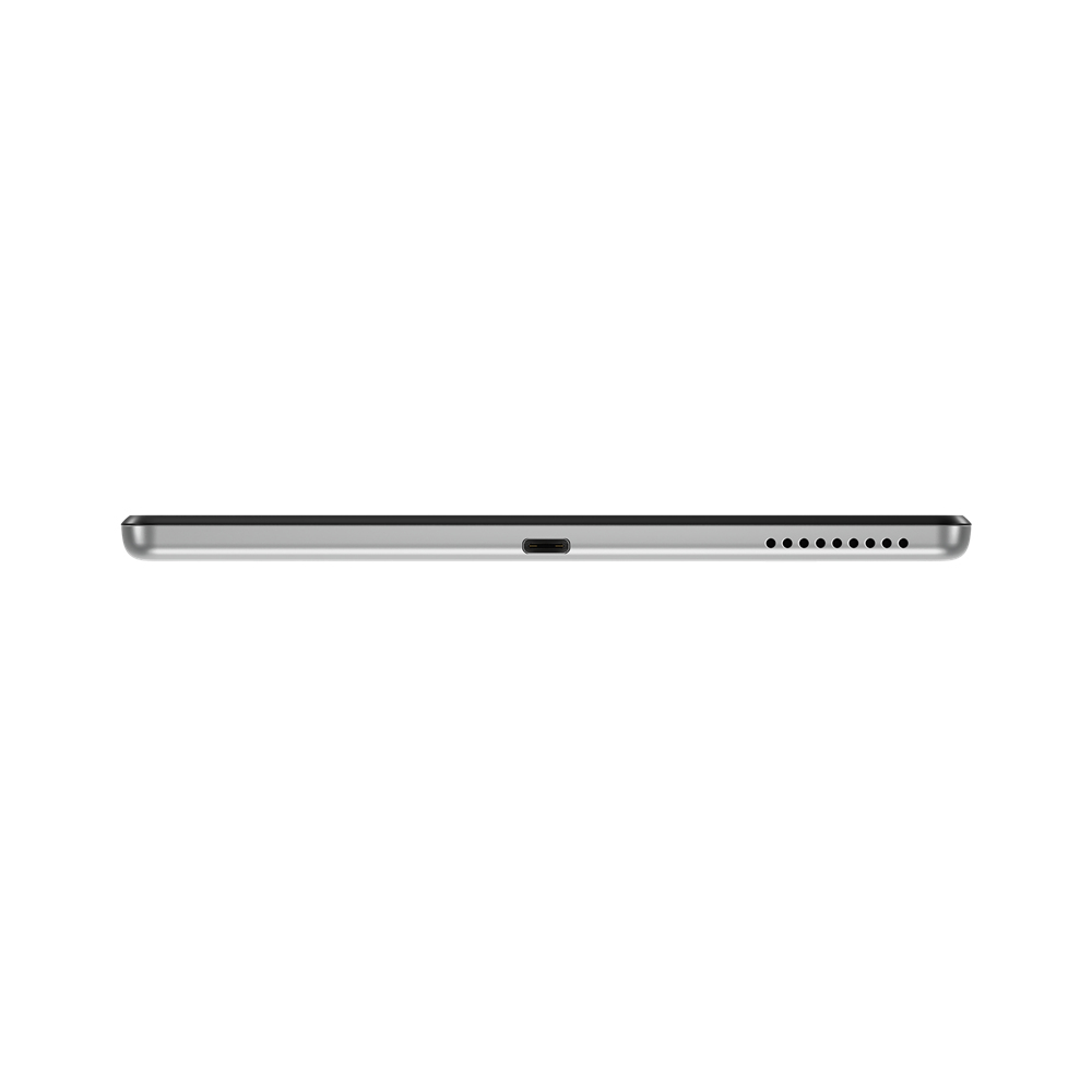 Unterkante des Tablets mit Ladeanschluss und Lautsprecherlöchern. Weißer Hintergrund.