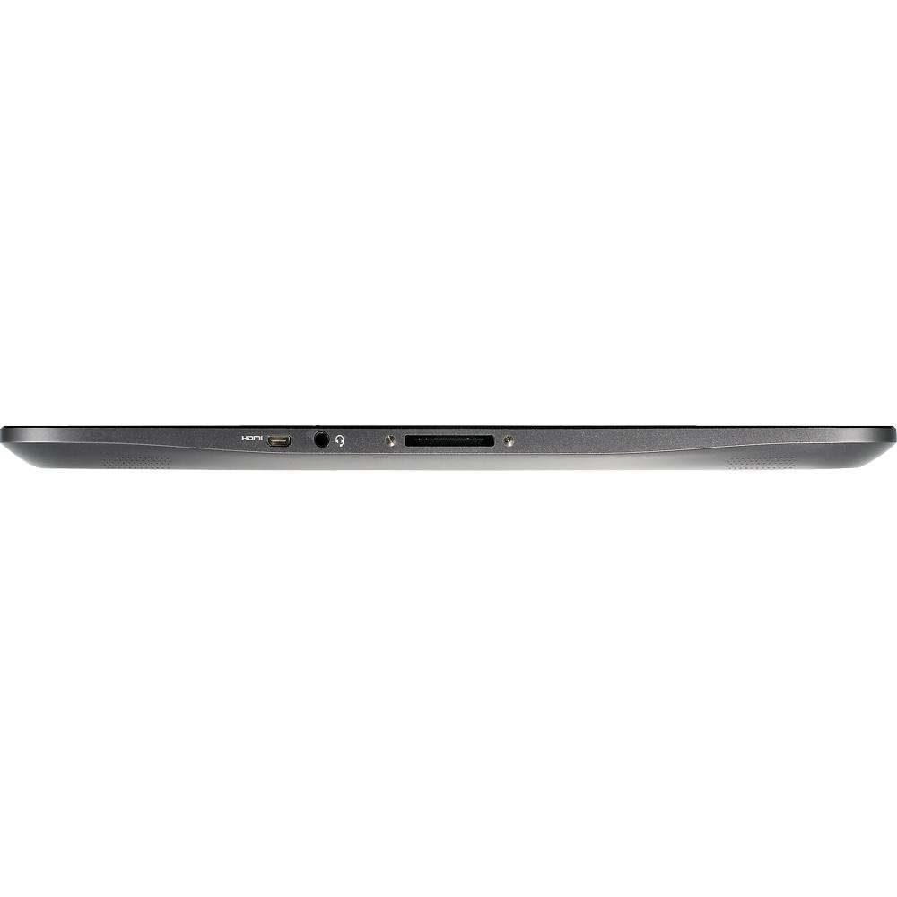 Tablet-Seitenansicht, schwarzer Rahmen. Anschlüsse und Tasten sichtbar. Weißer Hintergrund.