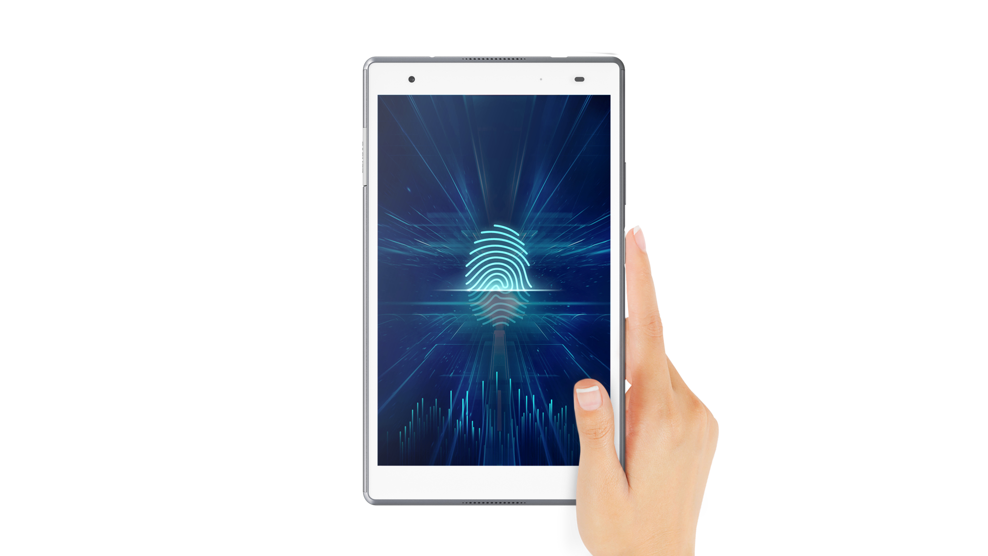 Tablet, das einen Fingerabdruck-Scan auf dem Bildschirm zeigt. Eine Hand berührt das Tablet.