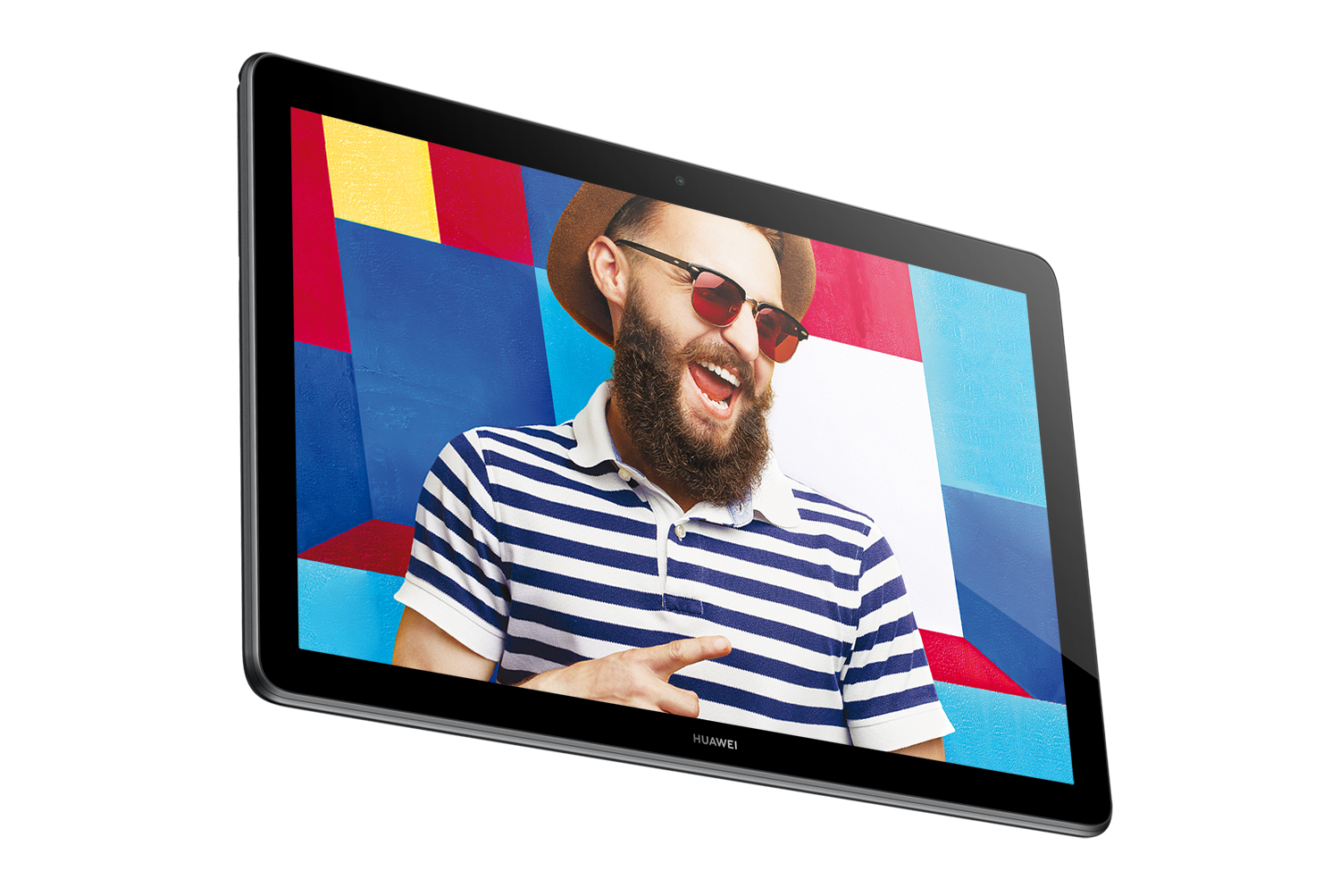 Ekran tabletu wyświetla mężczyznę w okularach, kapeluszu i brodzie, śmiejącego się na kolorowym tle.