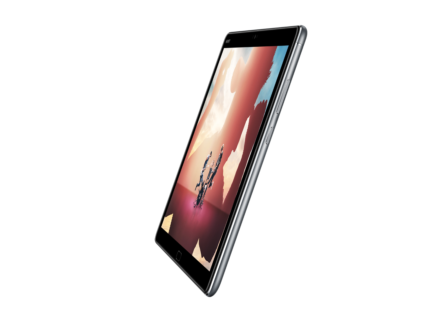 Tablet mit Landschaftsbildschirm. Schräge Ansicht auf weißem Hintergrund.