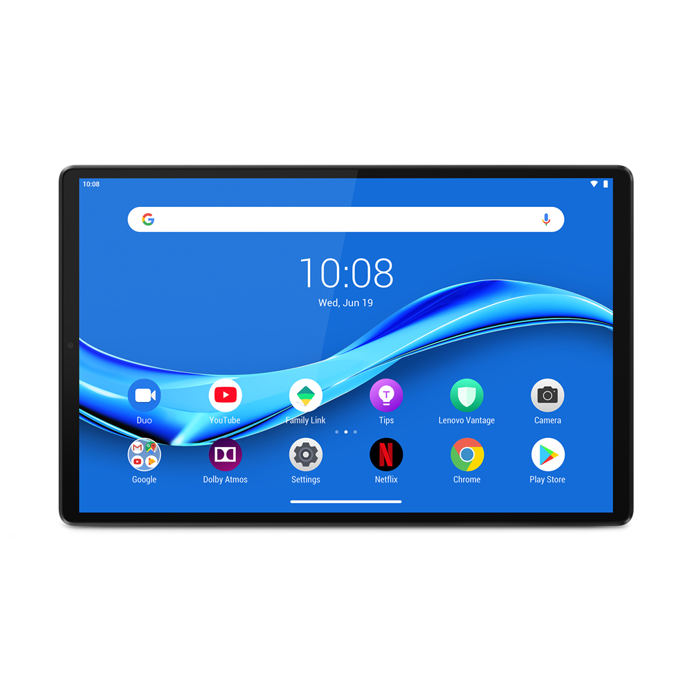 Tablet Lenovo włączony, wyświetlający ekran główny z ikonami aplikacji. Wyświetlany czas: 10:08.