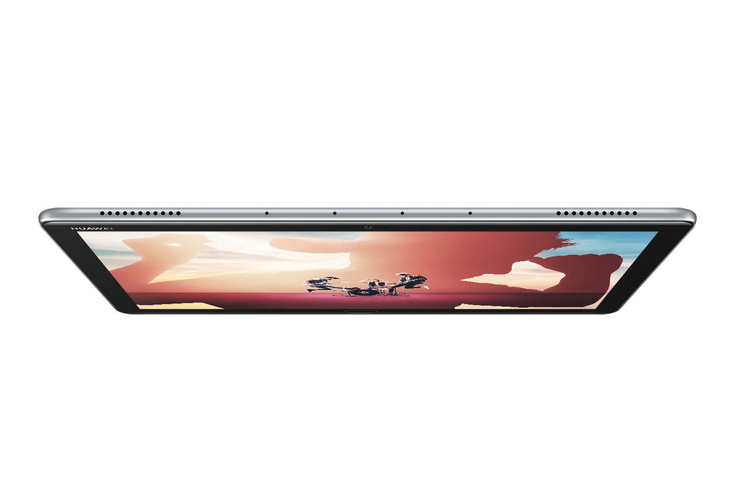 Ein Tablet von oben gesehen, das den Bildschirm mit einem Bild von Sonnenuntergang und Flugzeug zeigt.