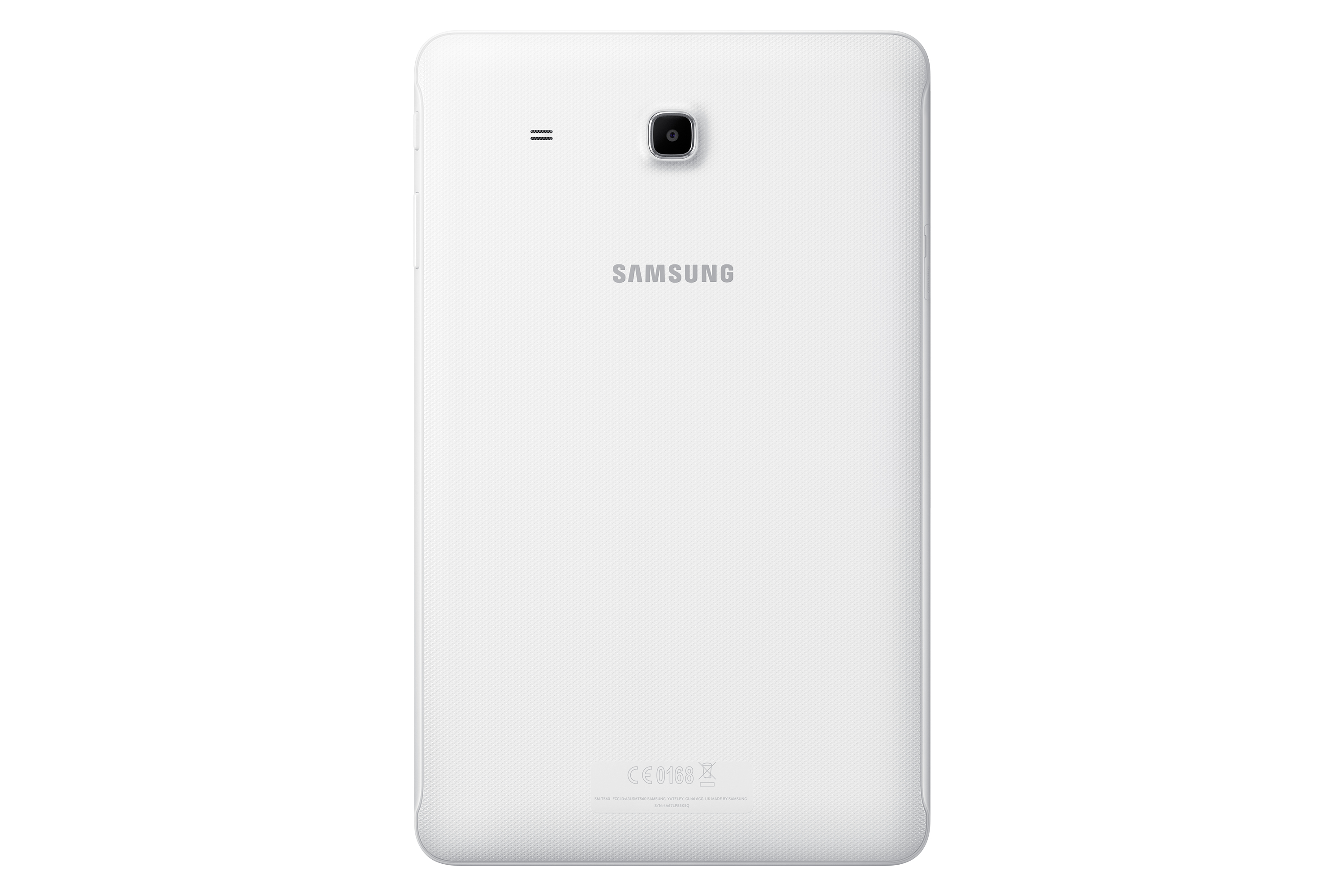 Il retro di un tablet Samsung bianco con un obiettivo della fotocamera in alto e il logo Samsung.