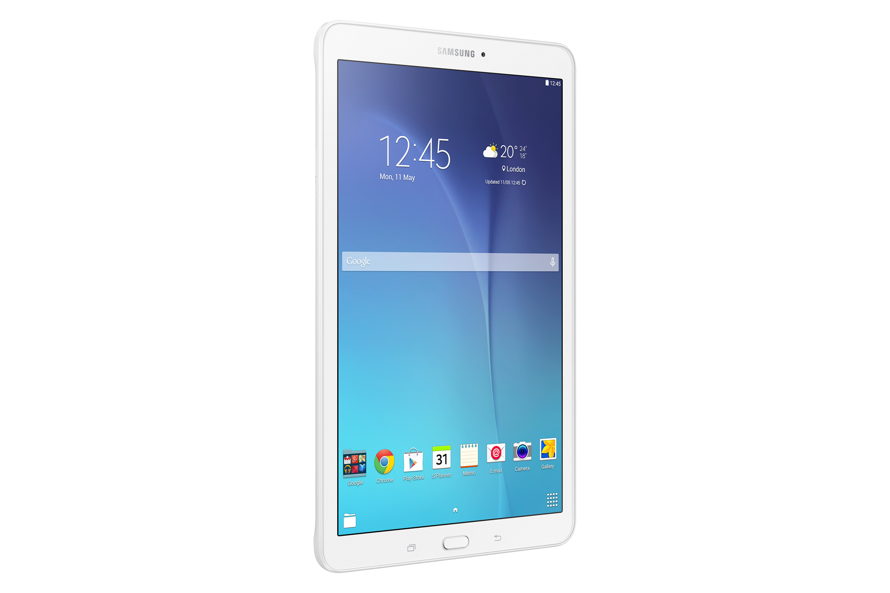 Tablet bianco, schermo con ora e app. Sfondo bianco.