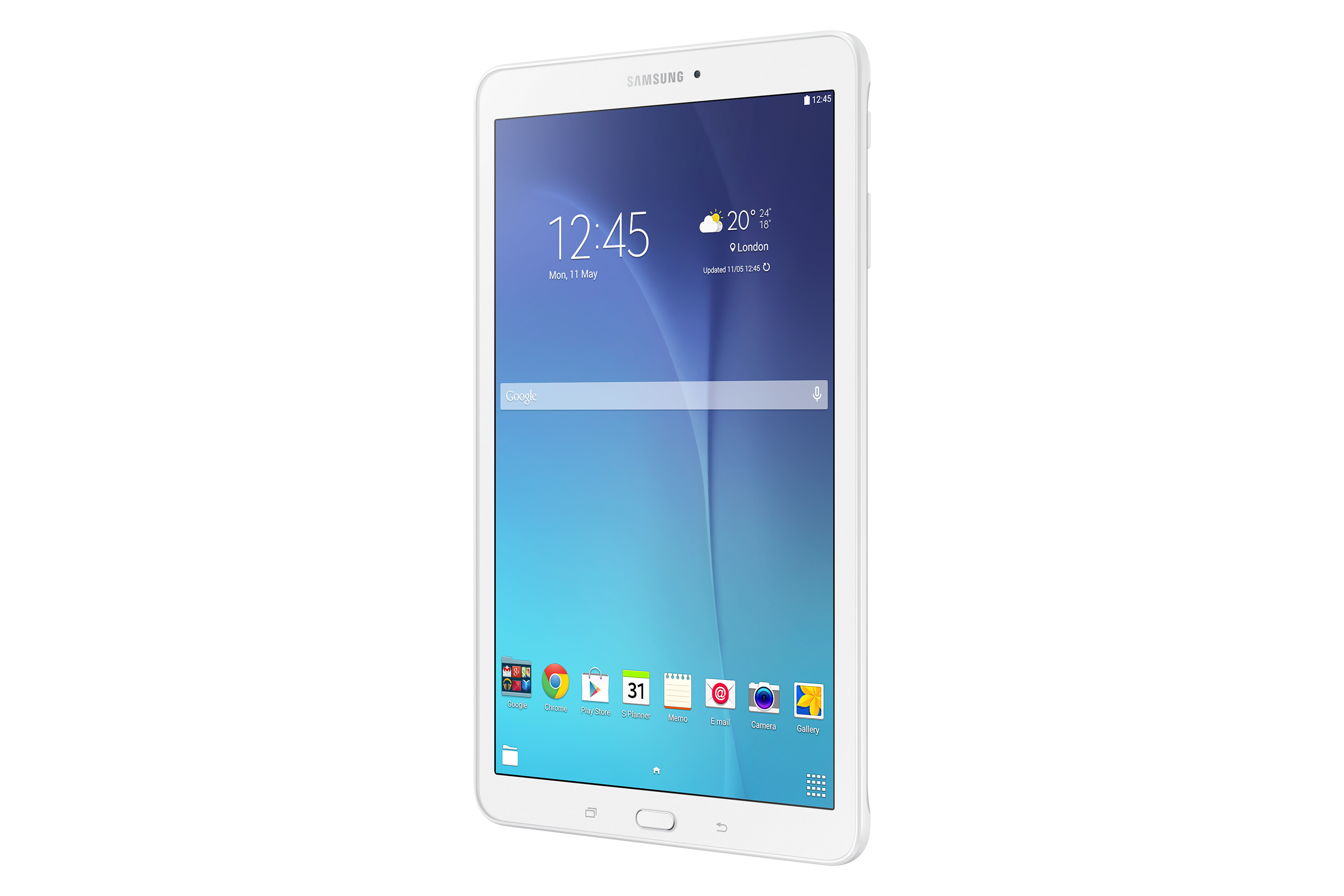 Tablet Samsung bianco, schermo acceso che mostra ora e widget. Sfondo bianco.