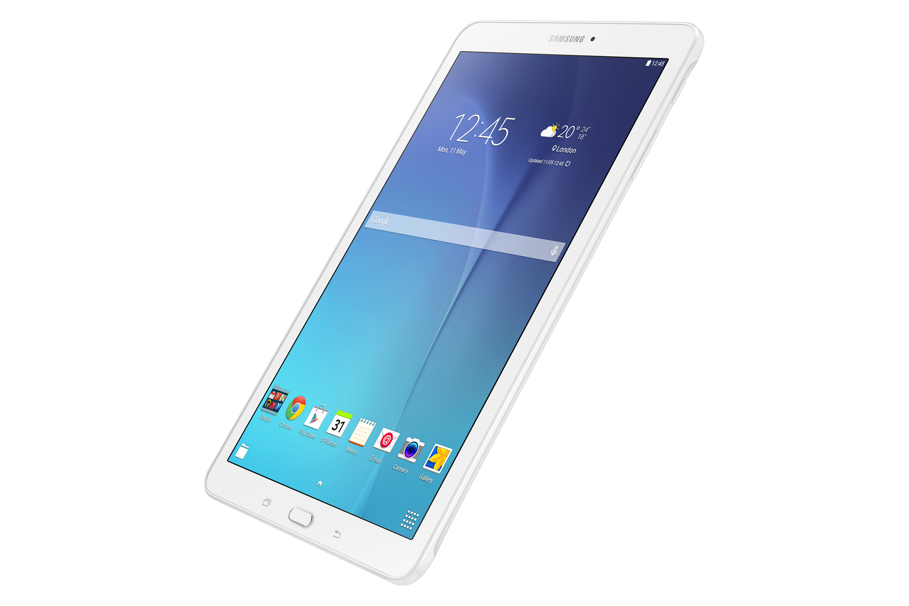 Tablet bianco, vista angolata, che mostra uno schermo blu con icone di app.