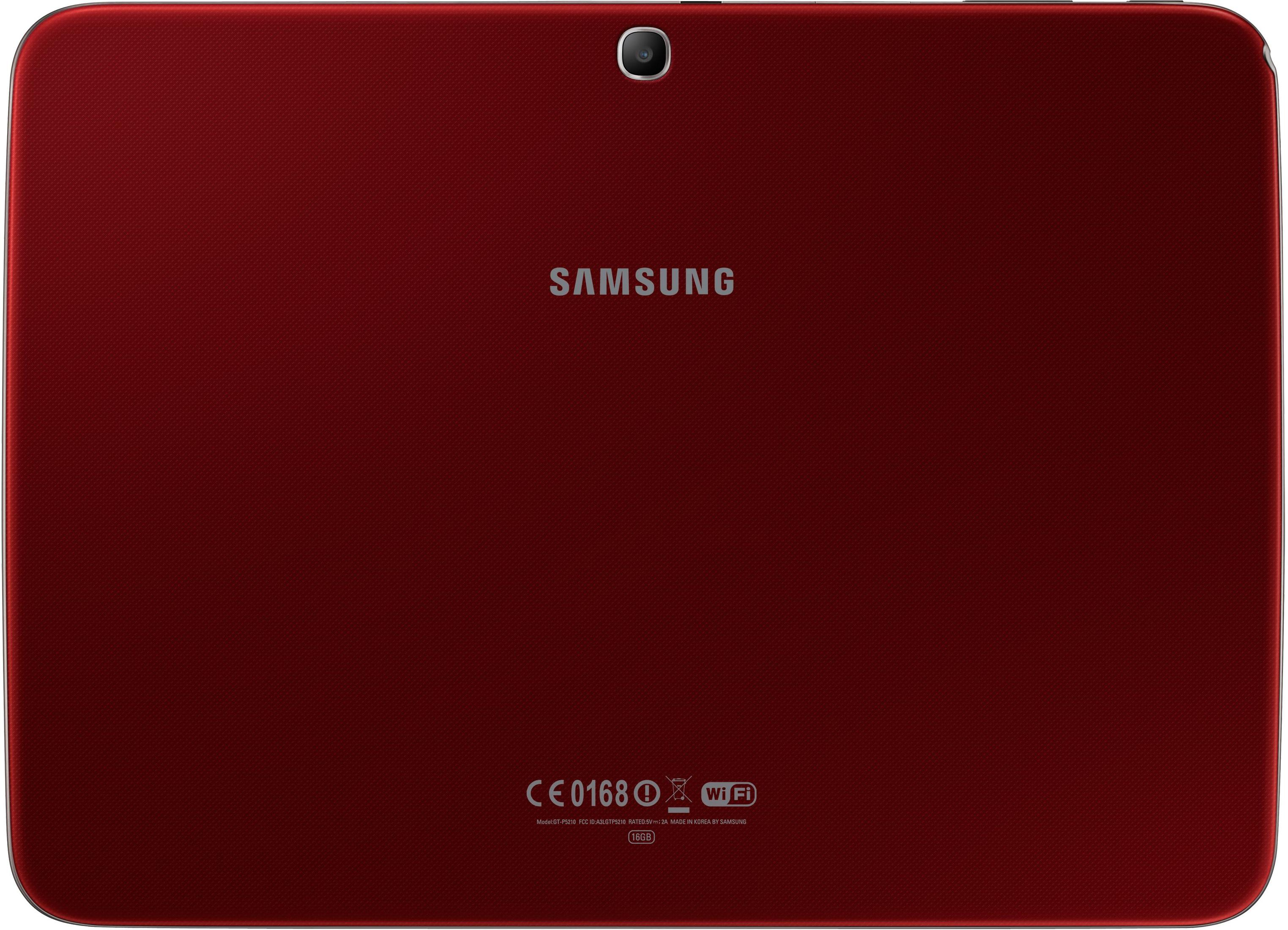 Rückseite eines roten Samsung-Tablets. Logo, Kamera und WLAN-Details sind sichtbar.