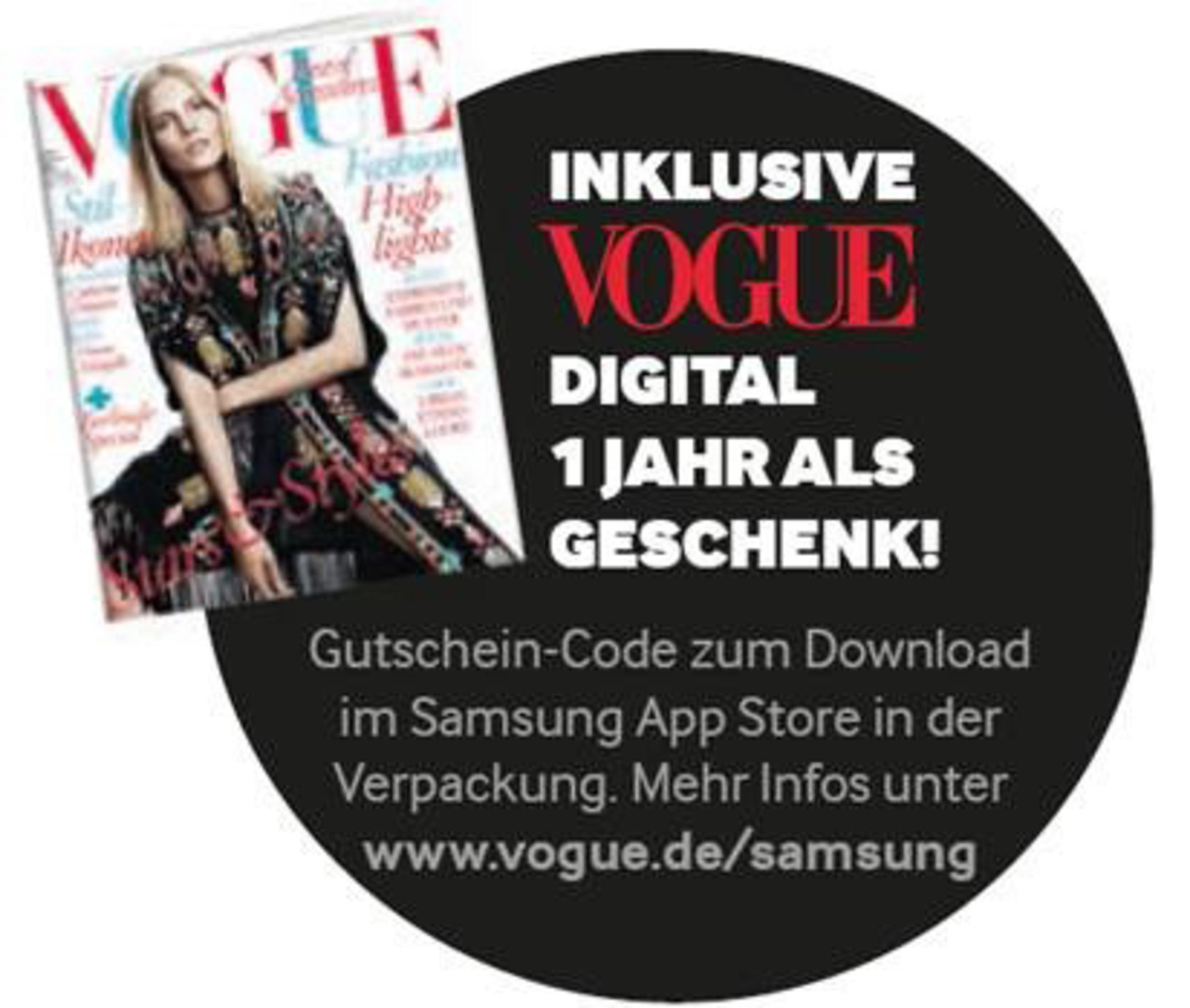 Vogue Magazin mit einem Angebot für ein kostenloses digitales Abonnement auf einem schwarzen Kreis.