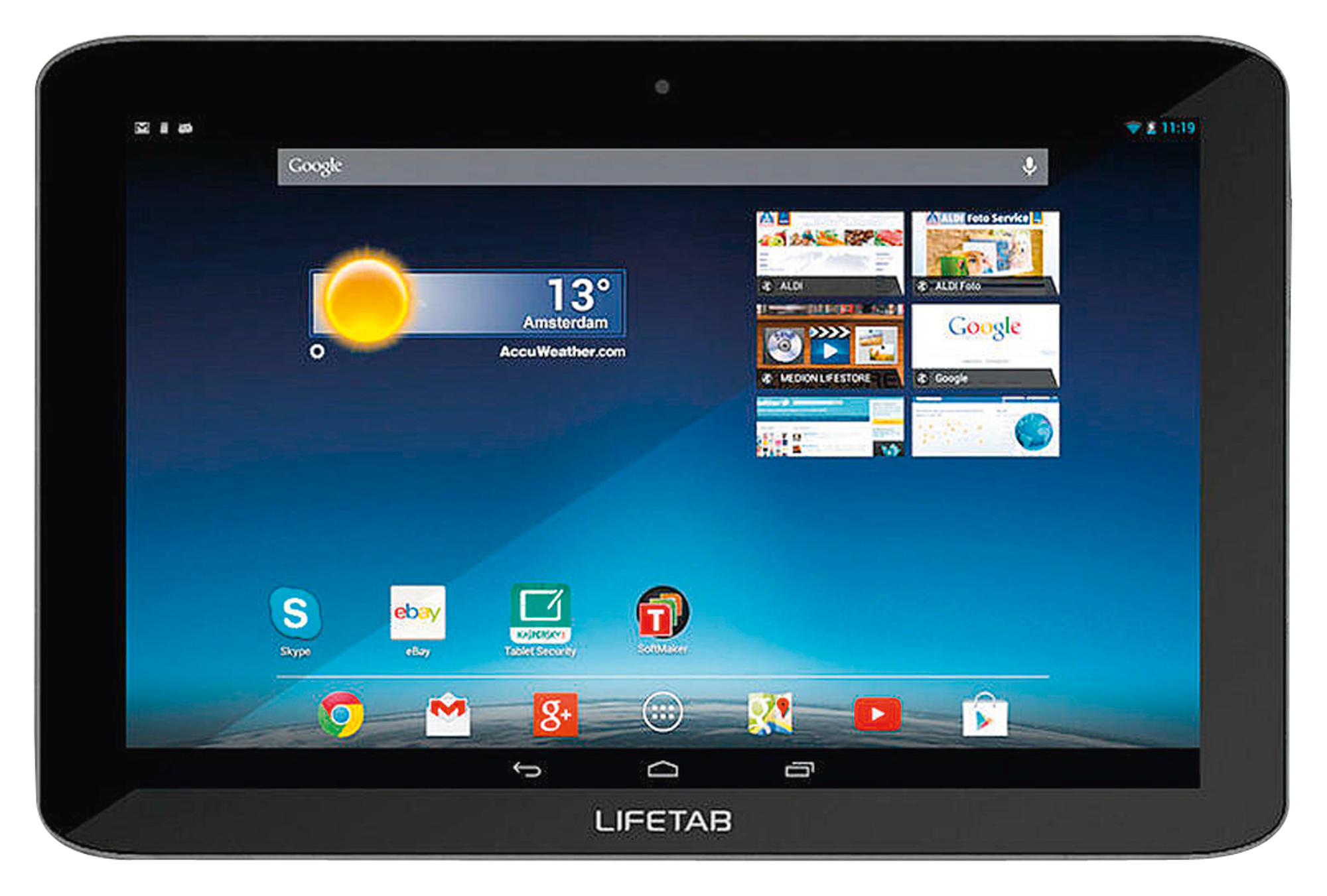 Schwarzes Tablet mit blauem Himmel, App-Symbolen, Sonnensymbol und der Uhrzeit 11:19.