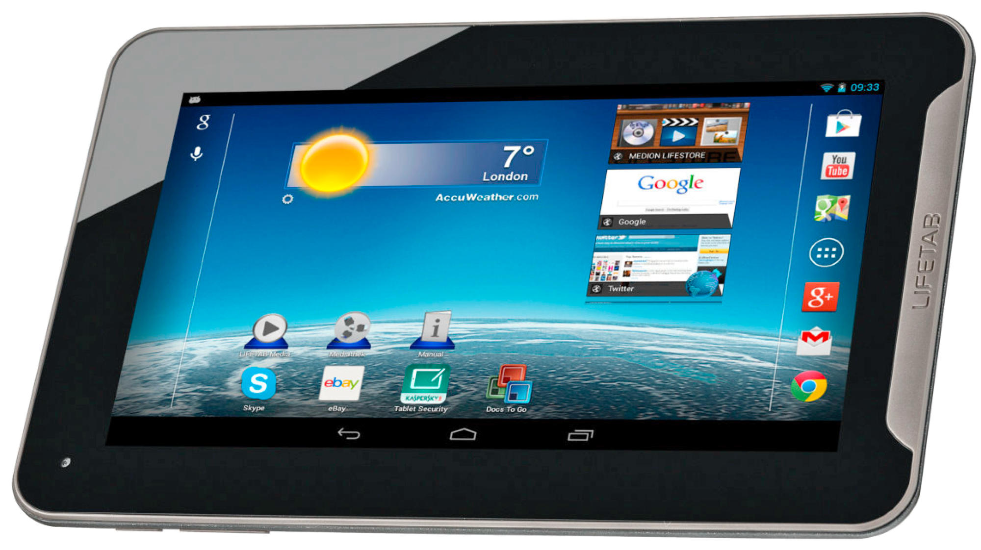 Schwarz-silbernes Tablet mit einem Startbildschirm mit Symbolen und einer Wetter-App.