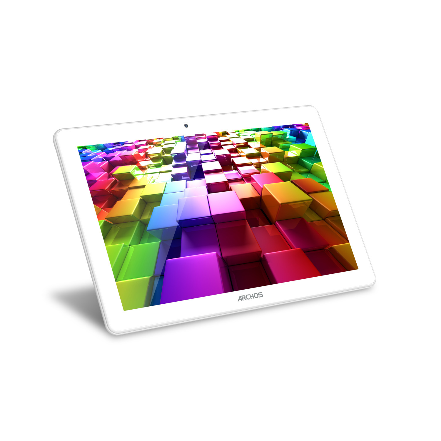 White tablet with a colorful cube design on the screen. Angled view.