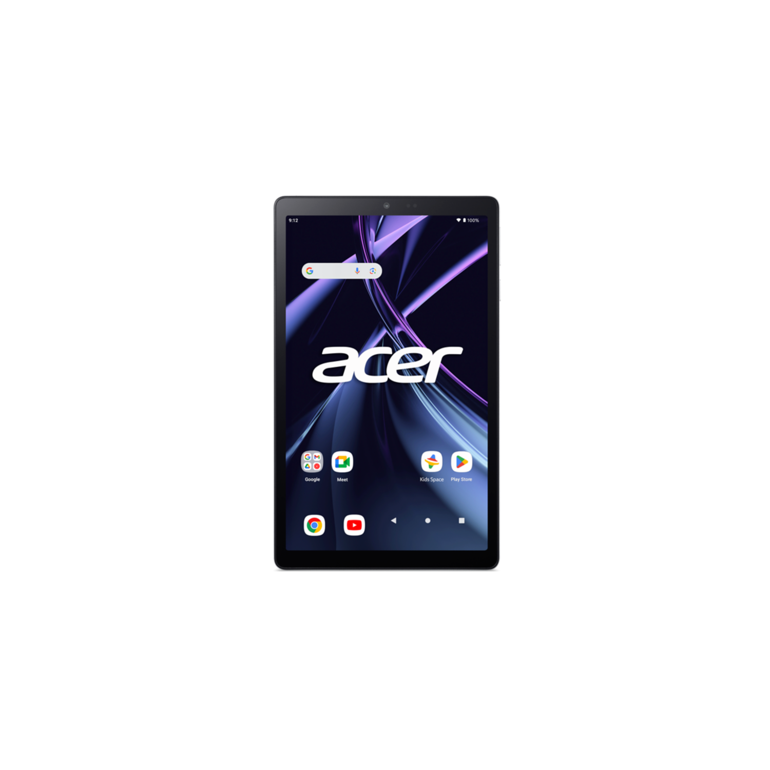 Zwarte Acer-tablet, met het Acer-logo en app-iconen op het scherm.