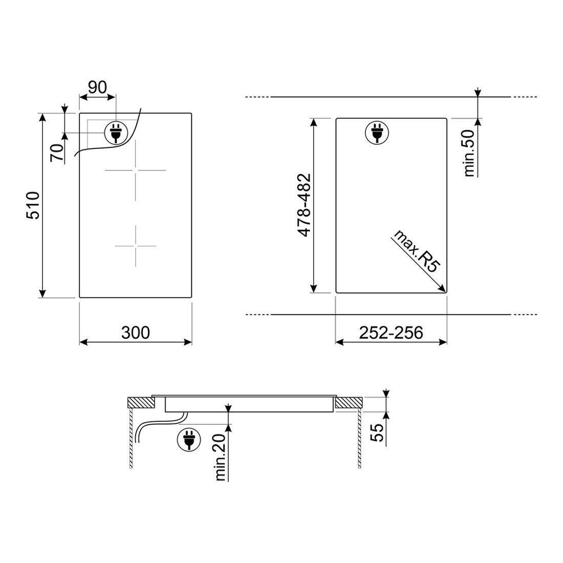 Disegno tecnico di un piano cottura nero, con dimensioni in mm.