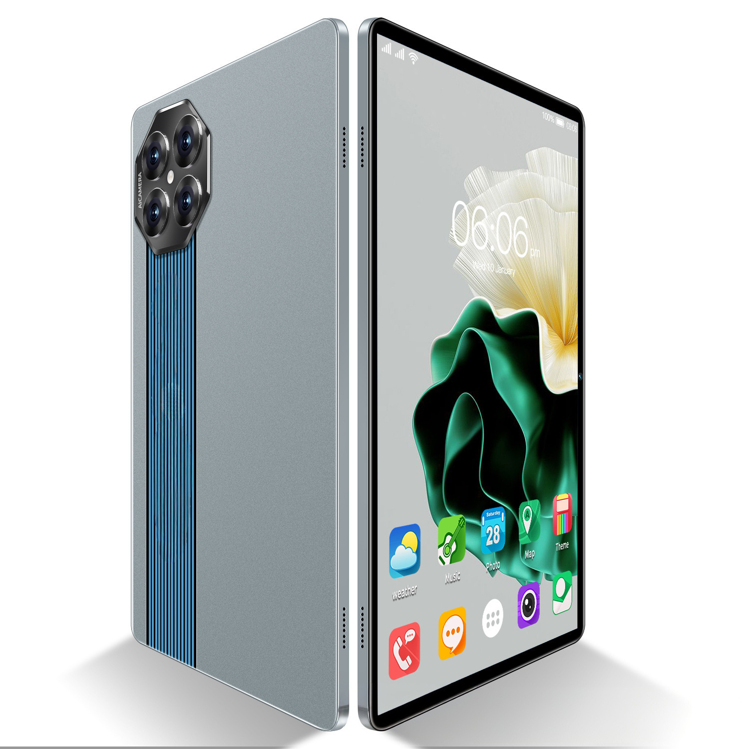 Silbernes Tablet mit Multi-Linsen-Kamera. Zweites Tablet zeigt Benutzeroberfläche und Apps.